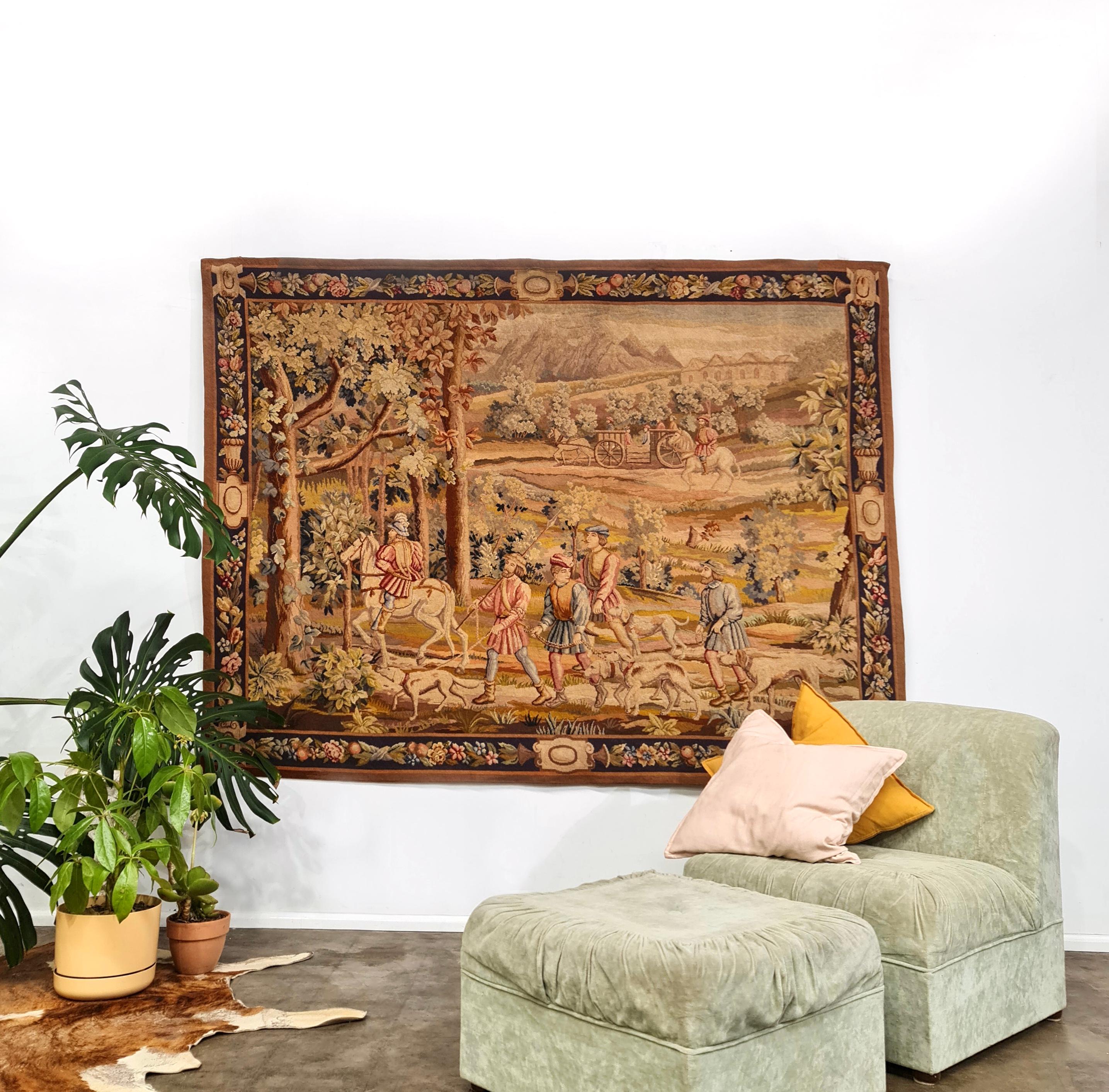 Beautifully vivid, 1860-1870 Hand-woven Aubusson French Tapestry. Bought in St Ouen Paris.
Warm fresh earthy tones, with amazing detail all in excellent condition. 
This piece has had a linen backing previously applied and has a range of hanging