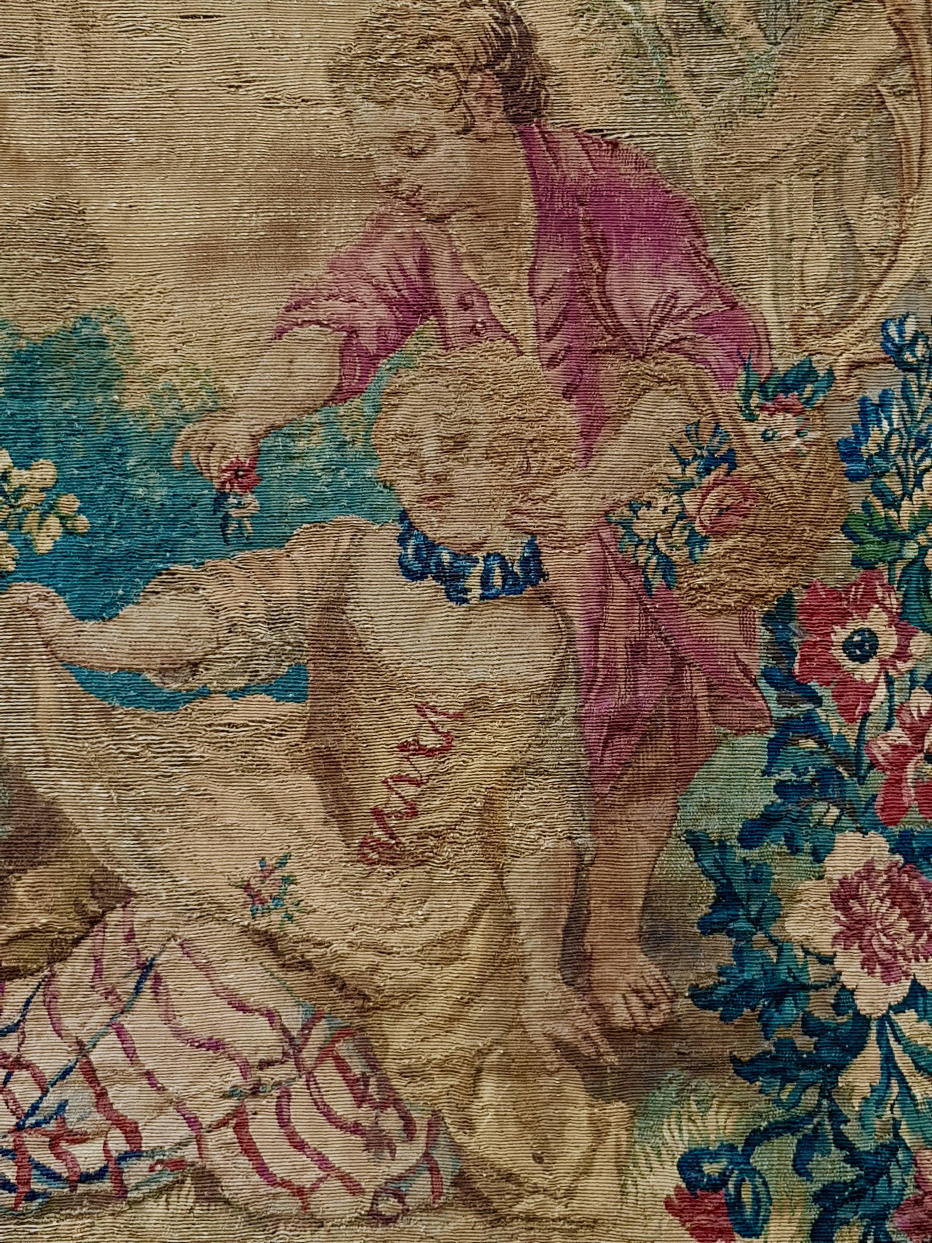 19th century Aubusson tapestry panel in original giltwood frame
Pastoral scene of lovers.
  