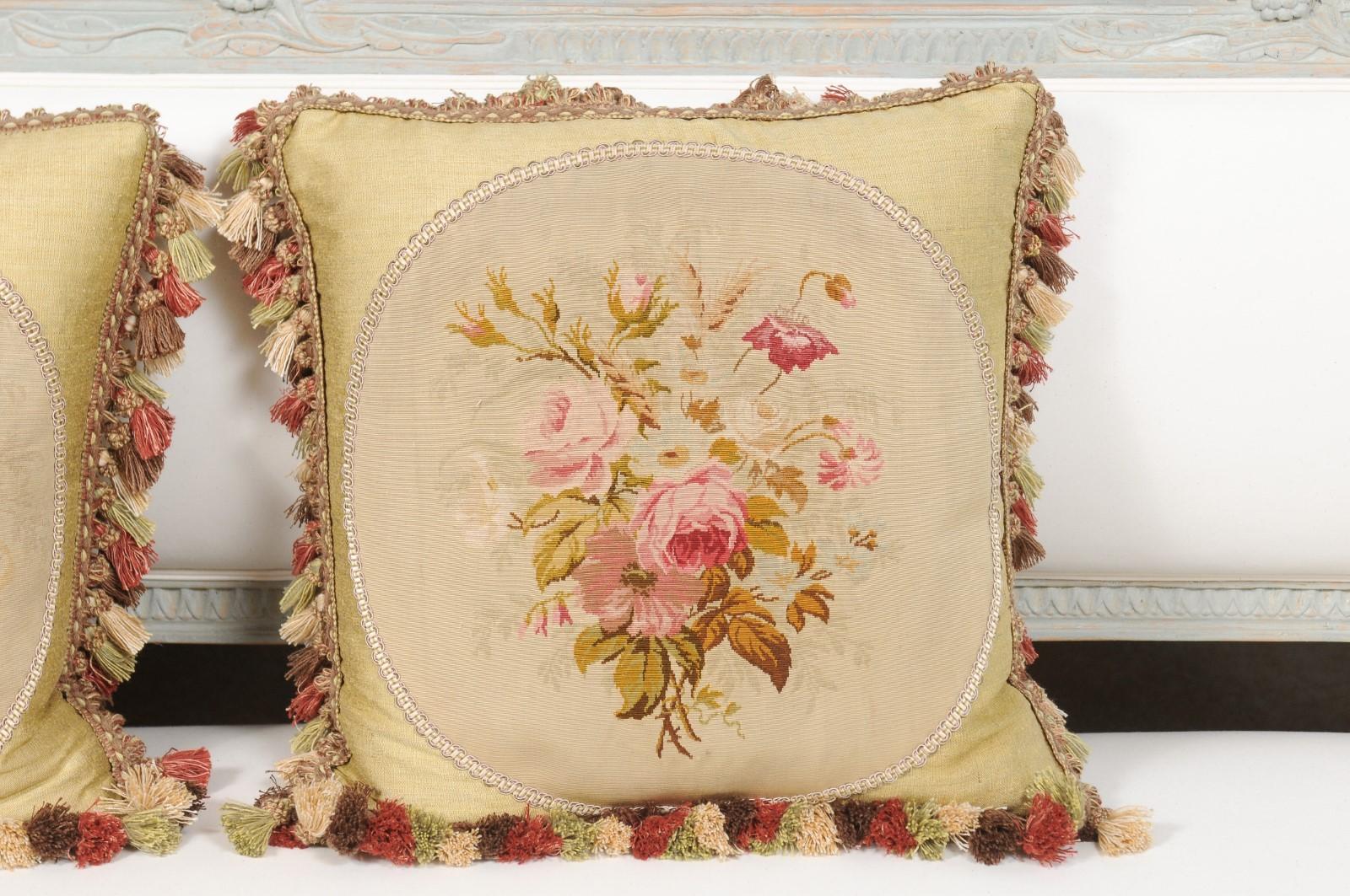 19th Century Aubusson Tapestry Pillows with Bouquets of Roses and Tassels In Good Condition In Atlanta, GA