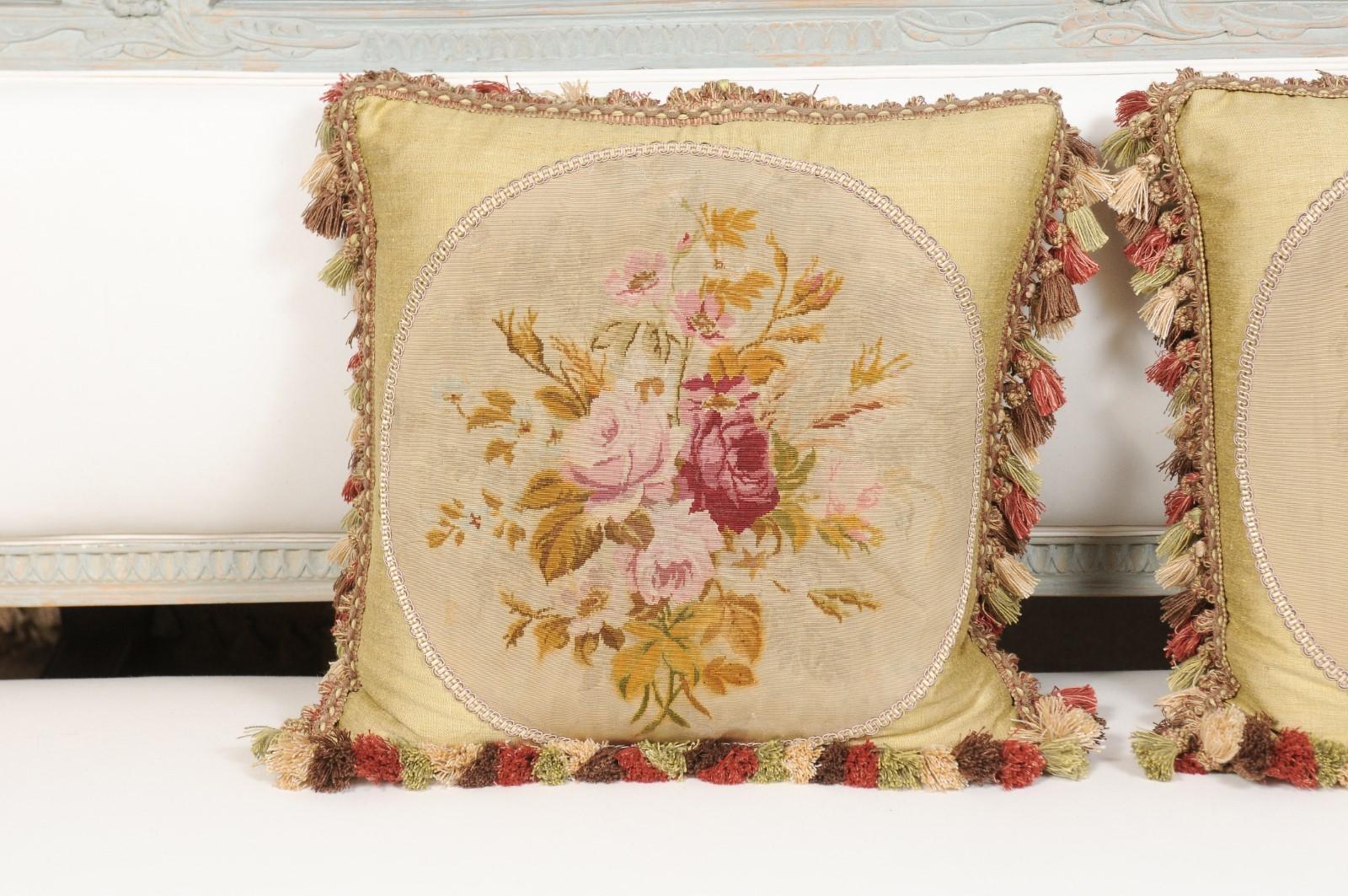 19th Century Aubusson Tapestry Pillows with Bouquets of Roses and Tassels 1
