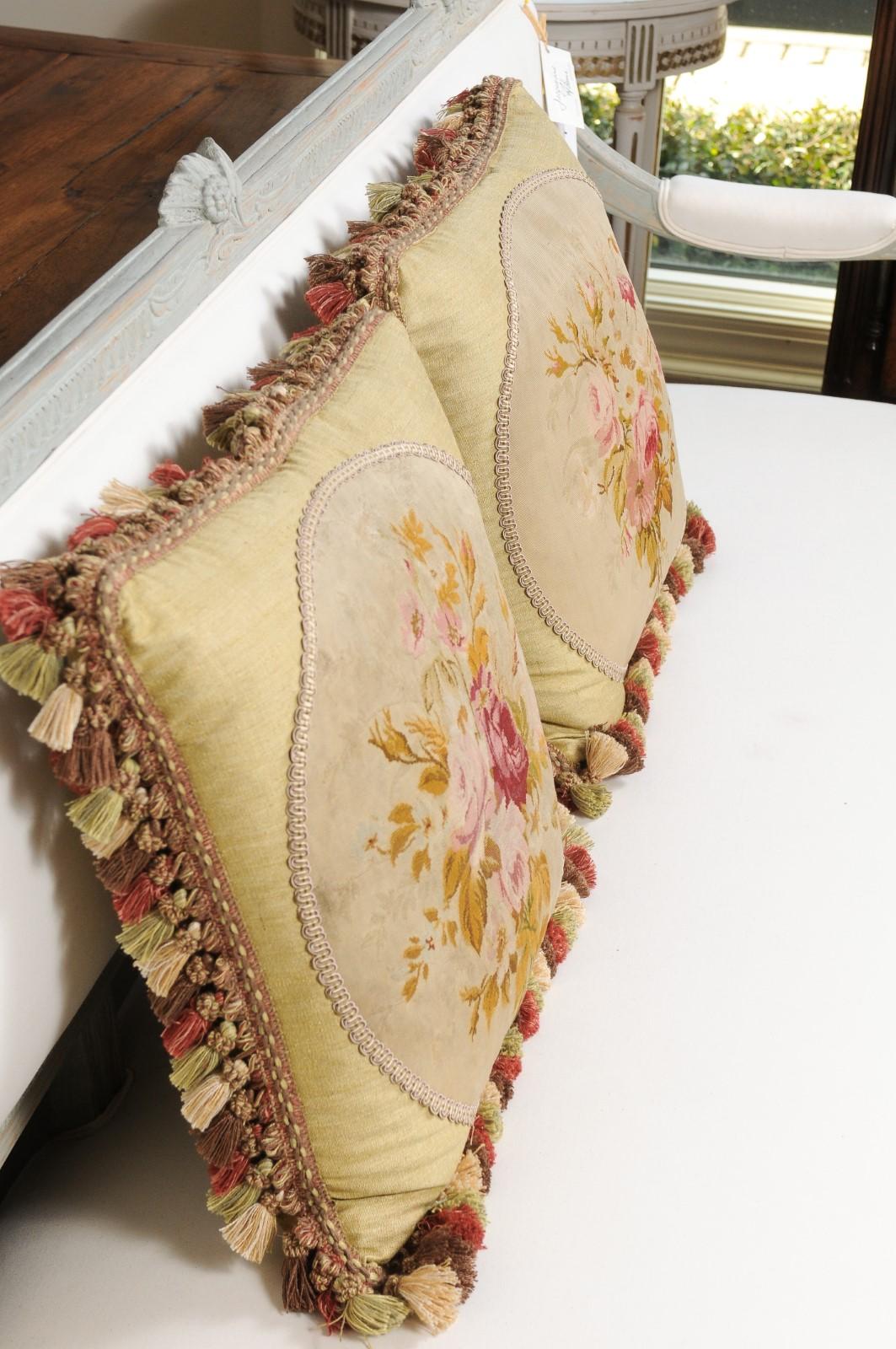 19th Century Aubusson Tapestry Pillows with Bouquets of Roses and Tassels 2