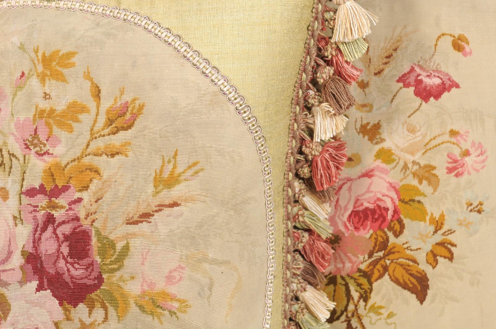 19th Century Aubusson Tapestry Pillows with Bouquets of Roses and Tassels 5