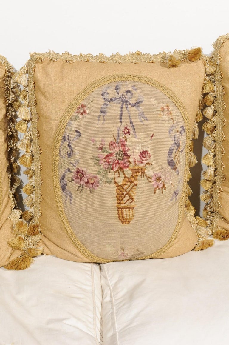 19th Century Aubusson Tapestry Pillows with RibbonTied Bouquets and