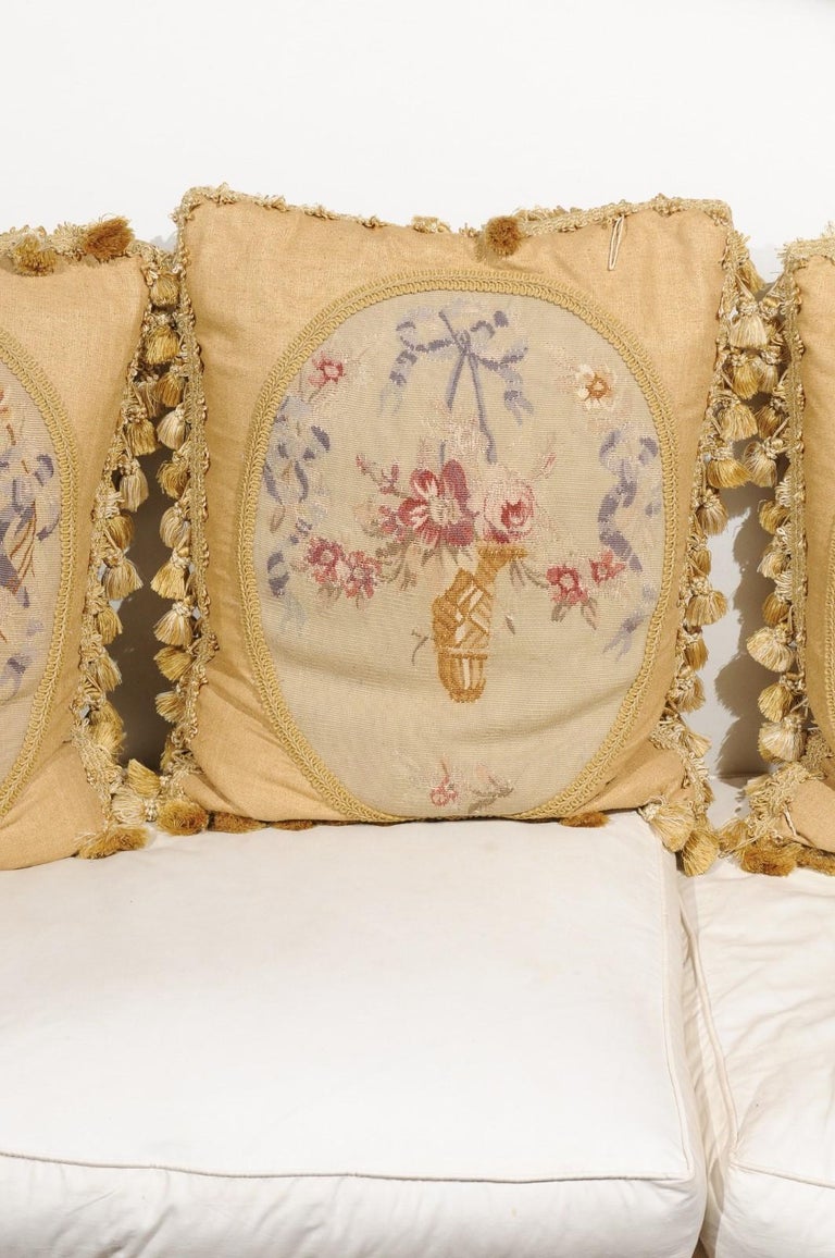 19th Century Aubusson Tapestry Pillows with RibbonTied Bouquets and