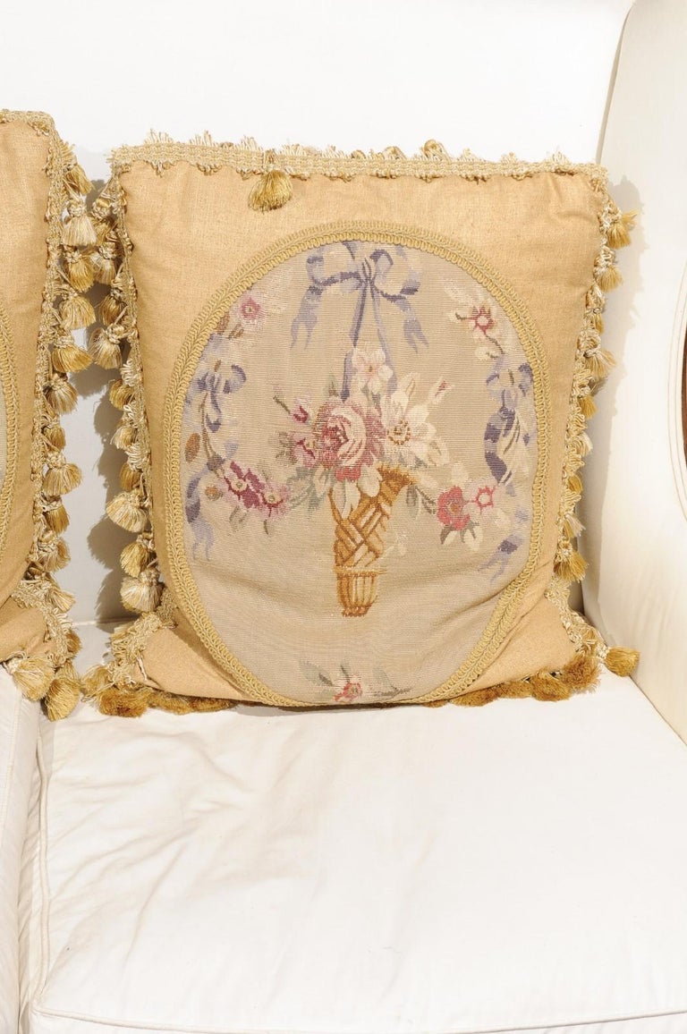 19th Century Aubusson Tapestry Pillows with RibbonTied Bouquets and