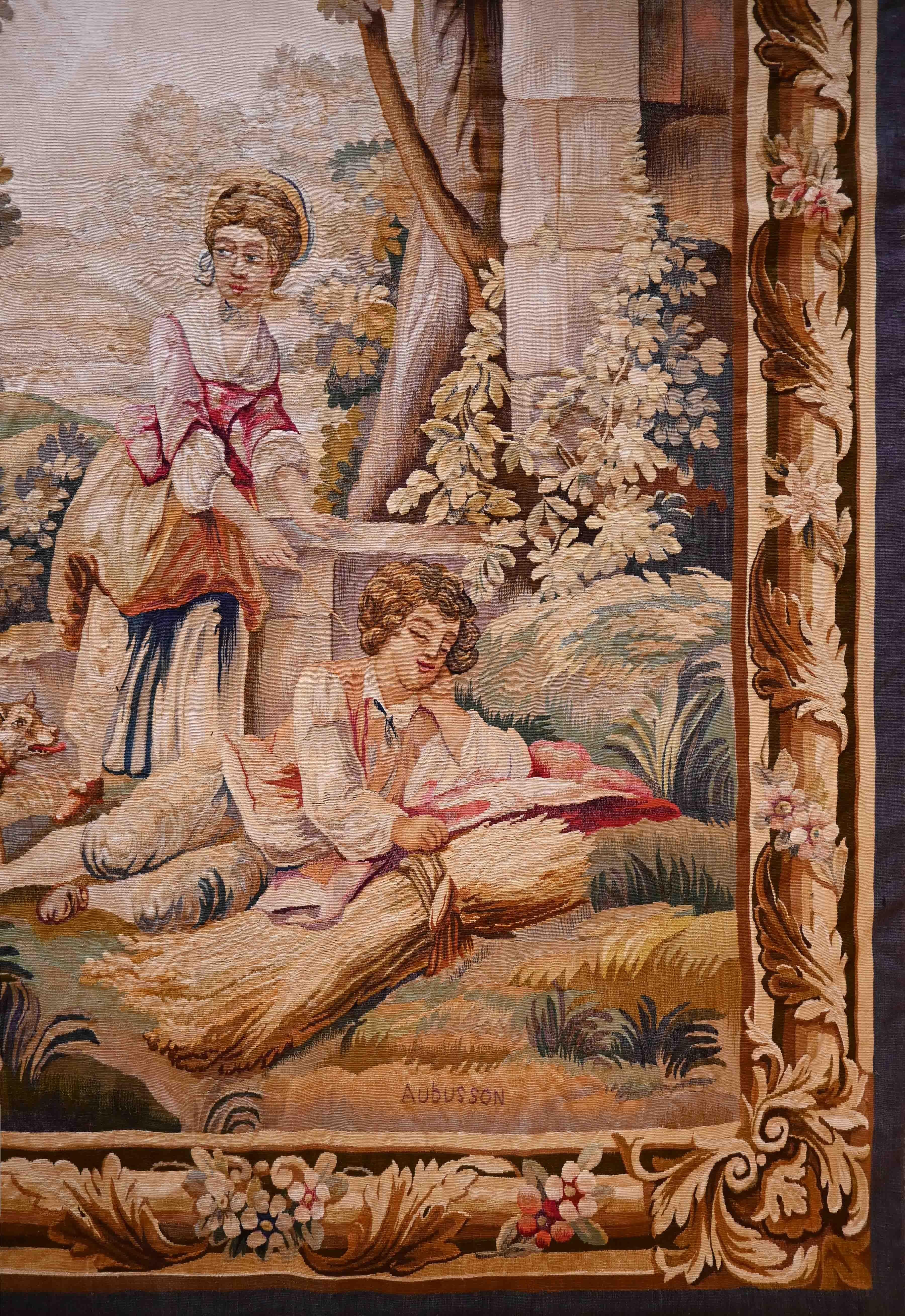 Hand-Woven 19th century Aubusson tapestry (rest after harvest) - N° 1323 For Sale