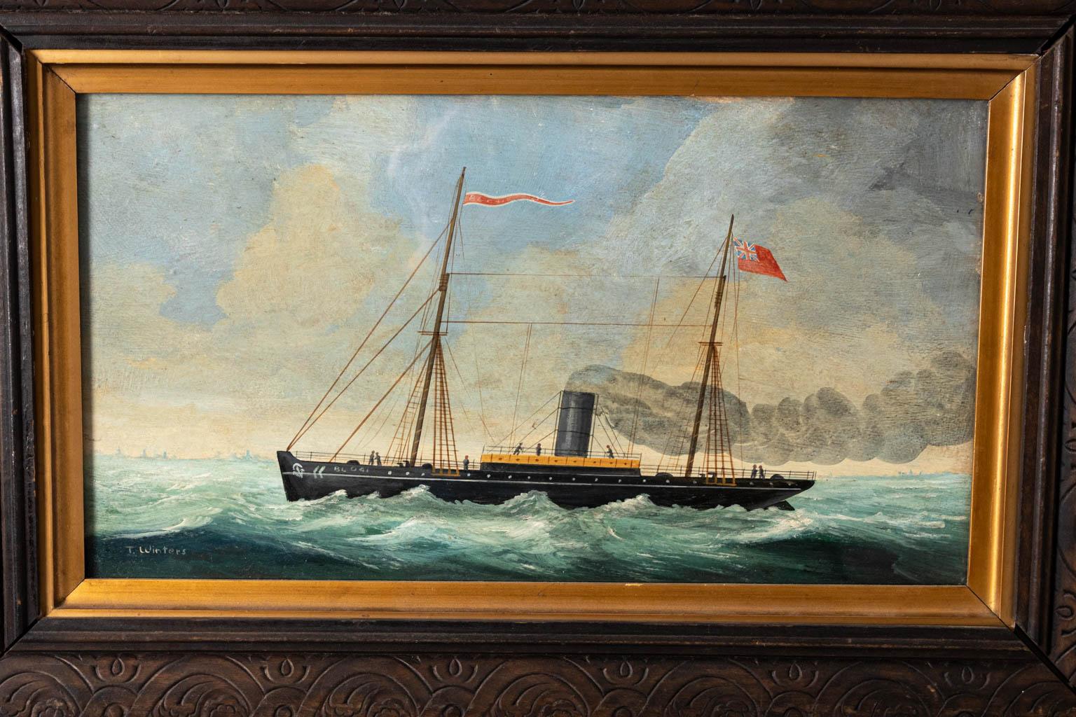 Nautical themed oil painting on board by T. Winter depicting the 