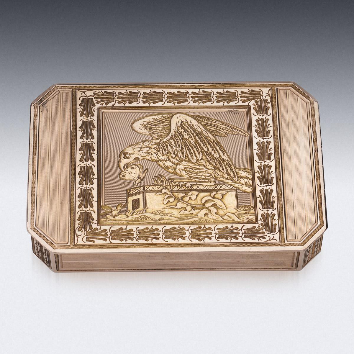 19th Century Austrian 18k gold snuff box, of rectangular form with cut corners, the hinged covers beautifully engraved with an eagle catching a butterfly, surrounded by floral border and engine turned decoration.
Hallmarked and gold tested, Makers