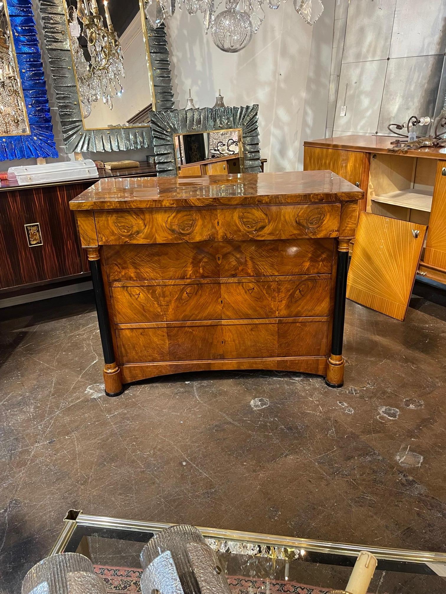 Exceptional 19th century Austrian Biedermeier style black walnut commode. Featuring a gorgeous, polished finish, ebonized details, and bronze hardware. True elegance!!