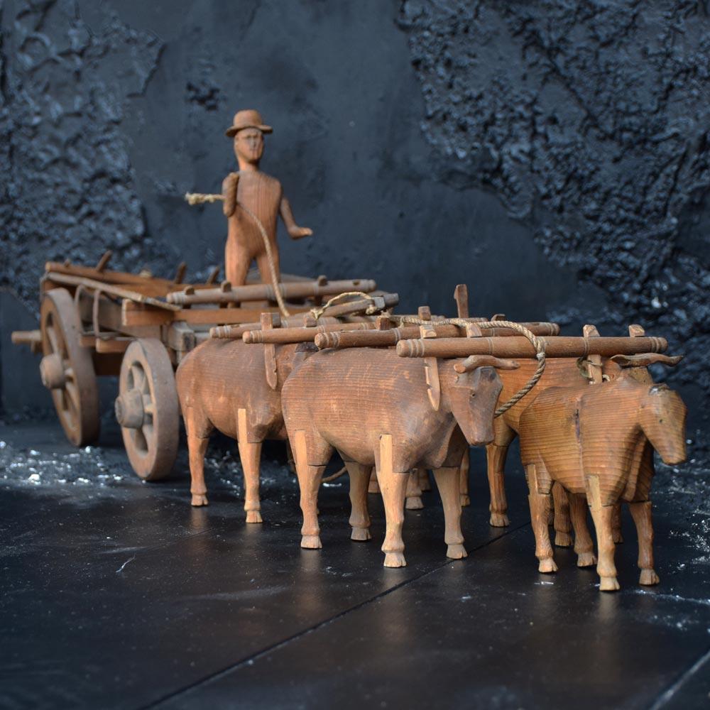 19th Century Austrian Carved Pine Folk Art Farmer and His Oxen Model In Distressed Condition For Sale In London, GB