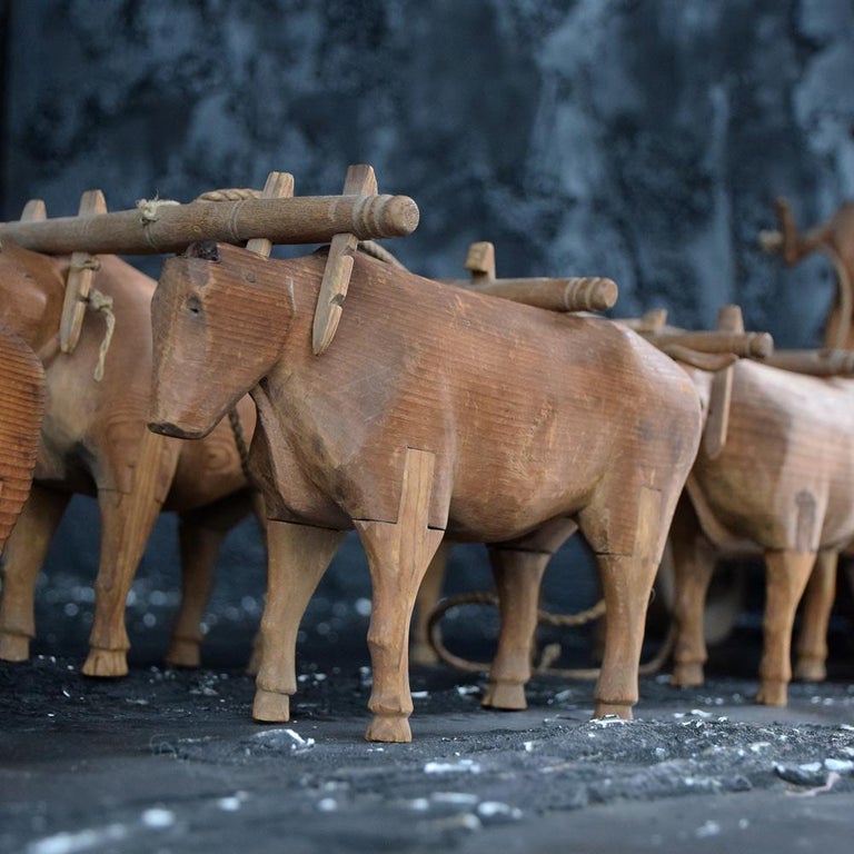 19th Century Austrian Carved Pine Folk Art Farmer and His Oxen Model ...