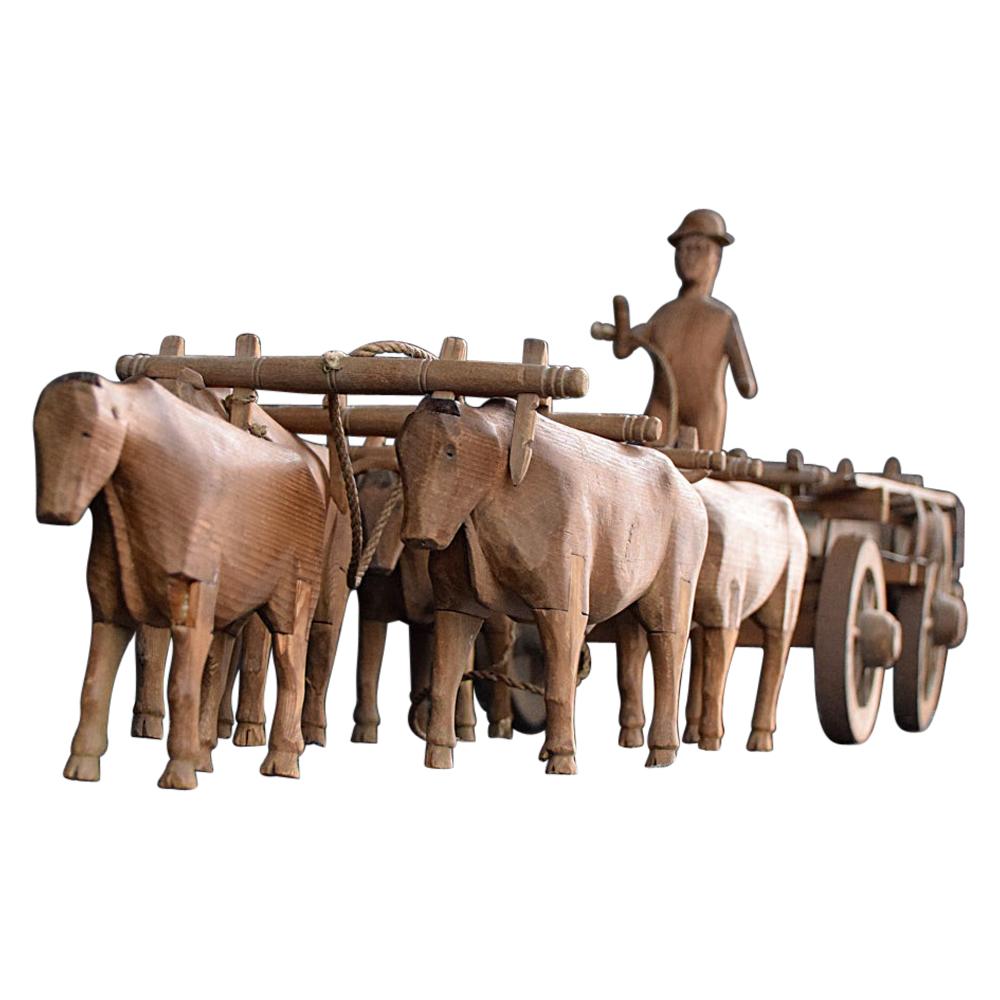 19th Century Austrian Carved Pine Folk Art Farmer and His Oxen Model For Sale