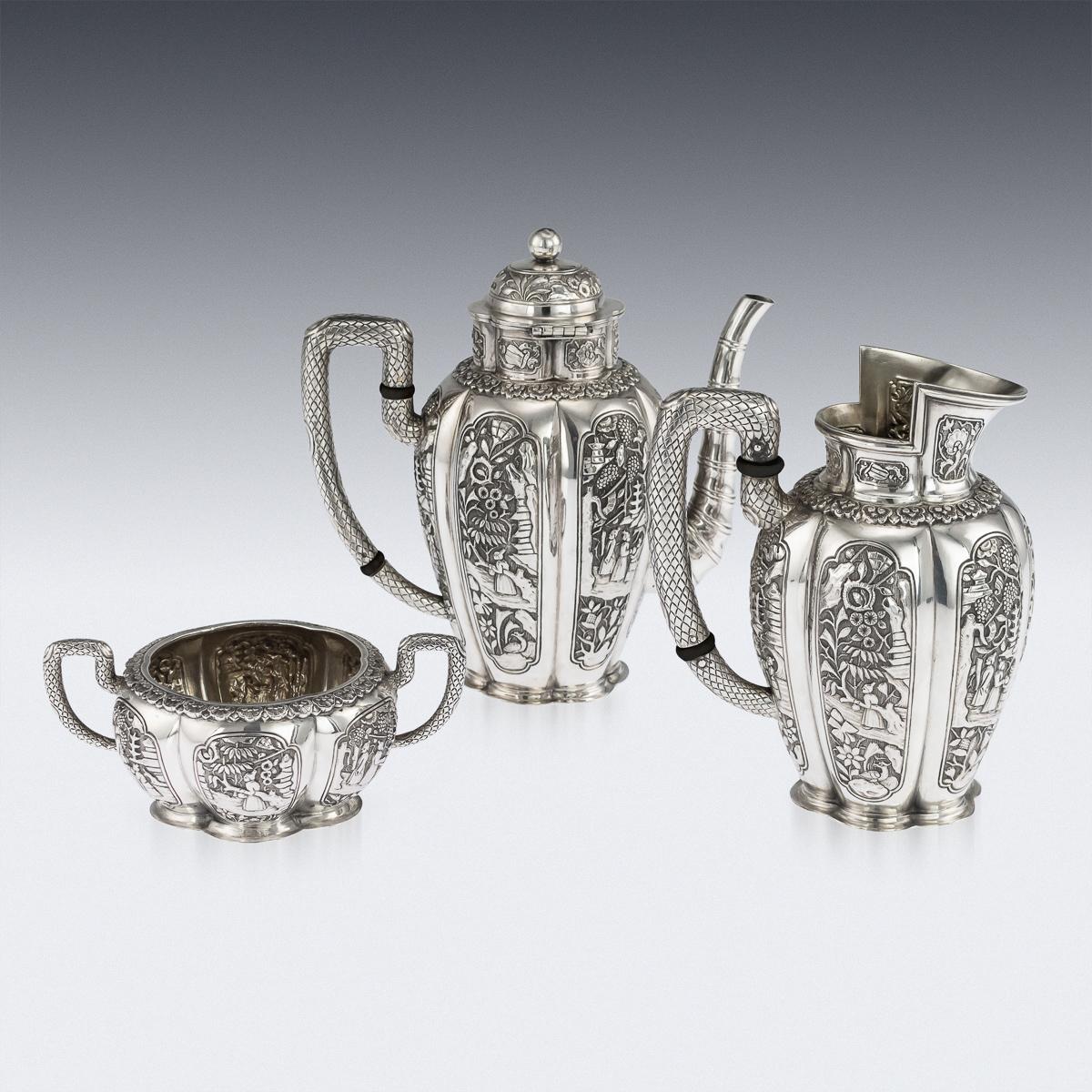 Antique late-19th century Austrian Chinoiserie solid silver three piece tea set, comprising of a teapot, sugar bowl and cream jug. Exceptionally hand crafted, of melon shape, repousse and finely chased work, depicting people of nobility surrounded