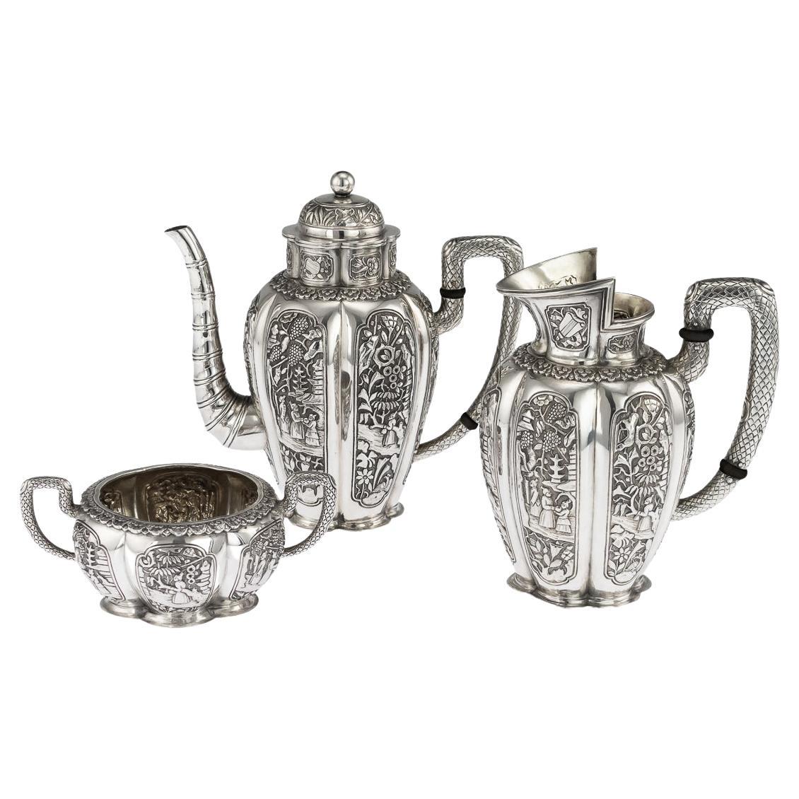 19th Century Austrian Chinoiserie Solid Silver Tea Set, Klinkosch, c.1880 For Sale