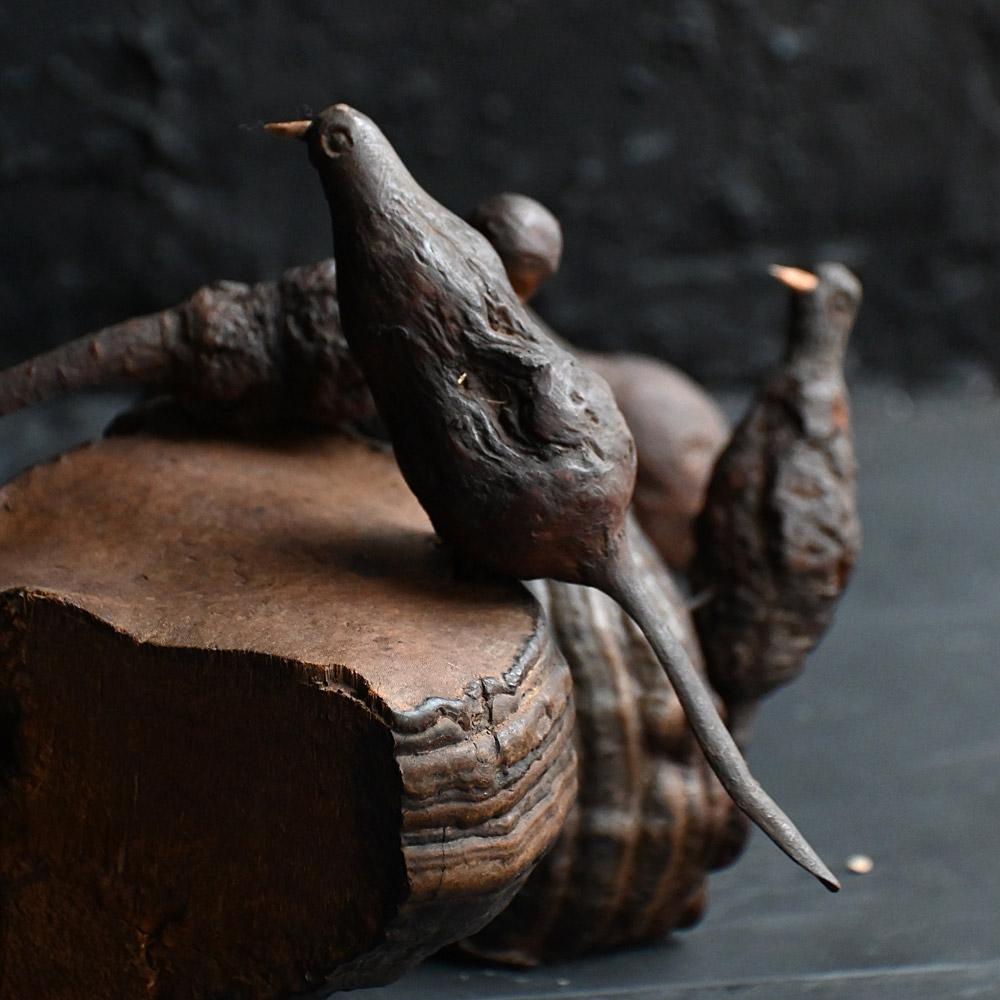 Uccelli artigianali di arte popolare austriaca del XIX secolo 

Una deliziosa collezione di 4 uccelli folk-art realizzati a mano e appollaiati su 2 pezzi di fungo naturale. Gli uccelli sono realizzati con sezioni di alberi trovati e modellati a