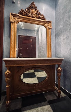 19th Century Austrian Gilt Wood Hand Carved Mirror with Console Table