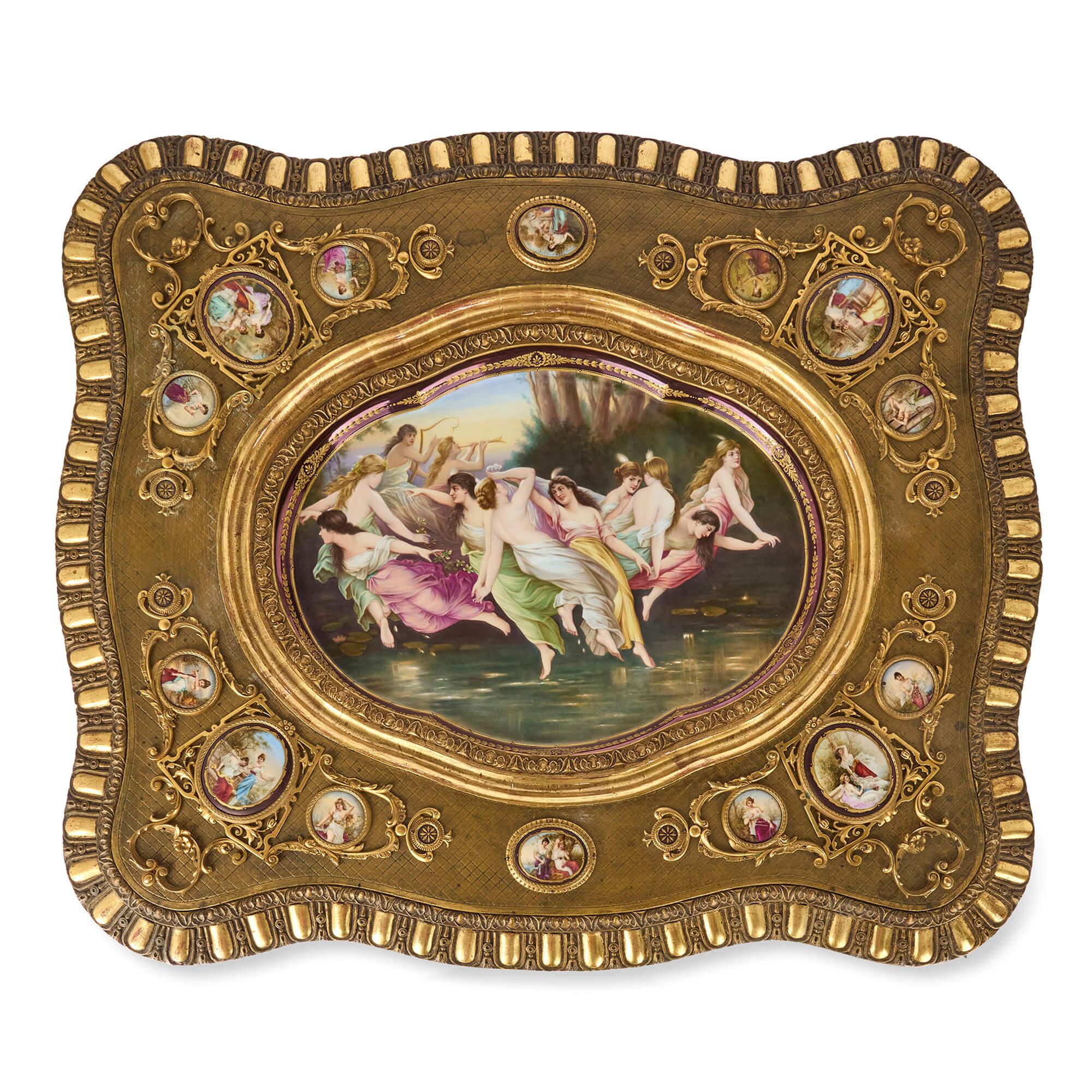 Regency Centre de table autrichien en bois doré du XIXe siècle avec plaques en porcelaine Royal Vienna Porcelain en vente