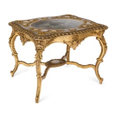 Tavolo da centro in legno dorato austriaco del XIX secolo con placche in porcellana di Royal Vienna Porcelain