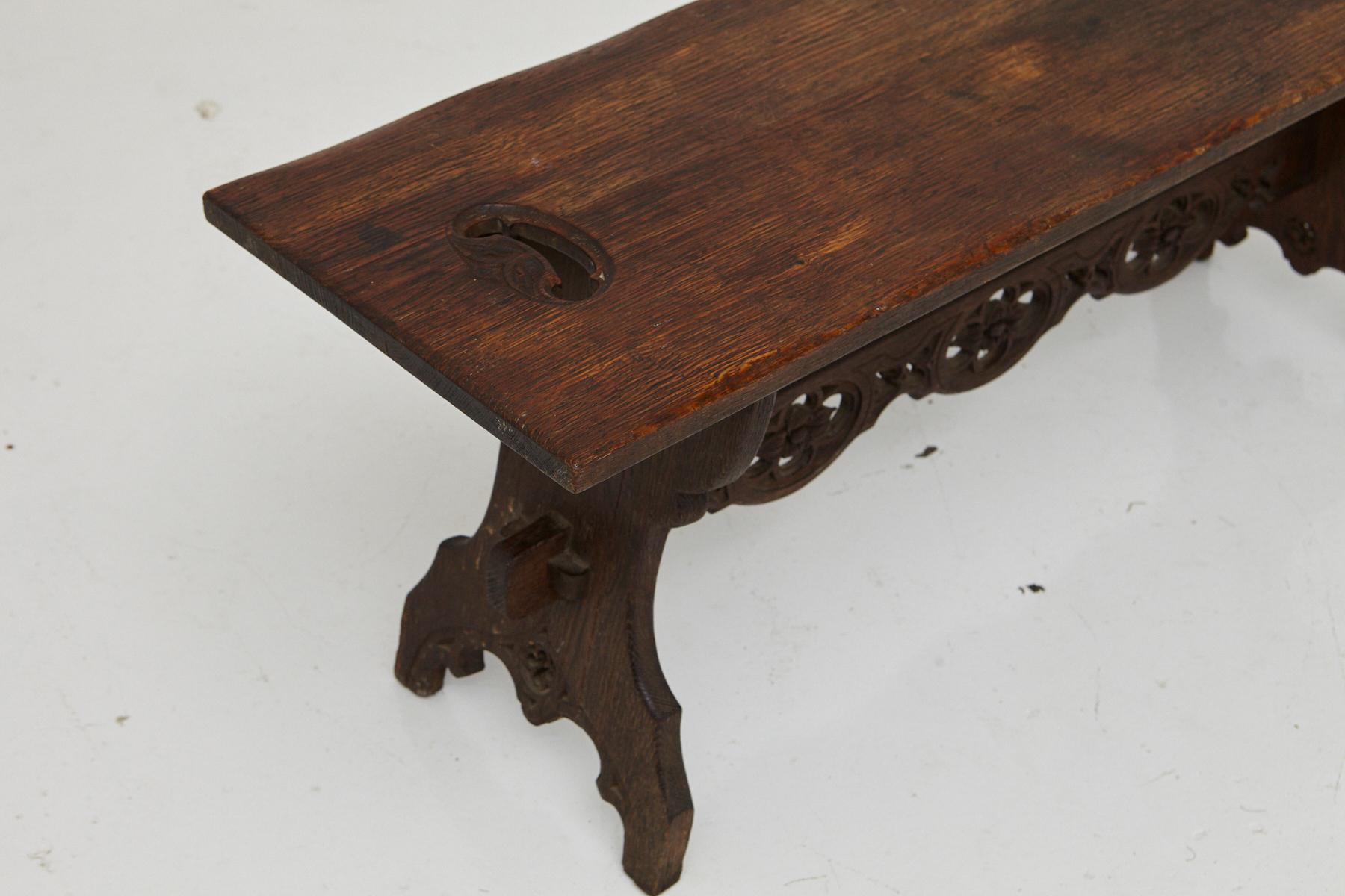 19th Century Austrian Hand Carved Rustic Trestle Oak Bench 7