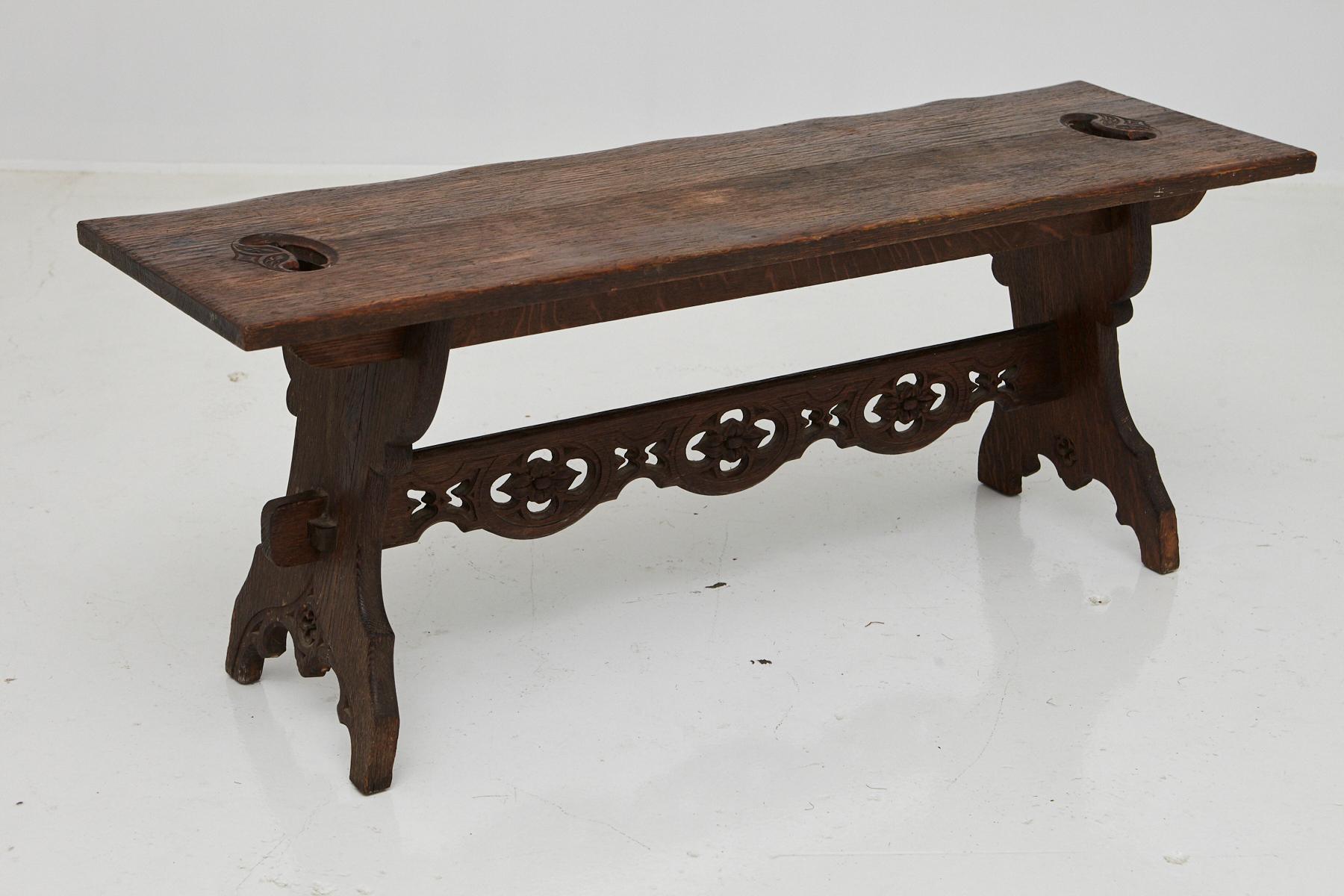 19th Century Austrian Hand Carved Rustic Trestle Oak Bench In Good Condition In Pau, FR