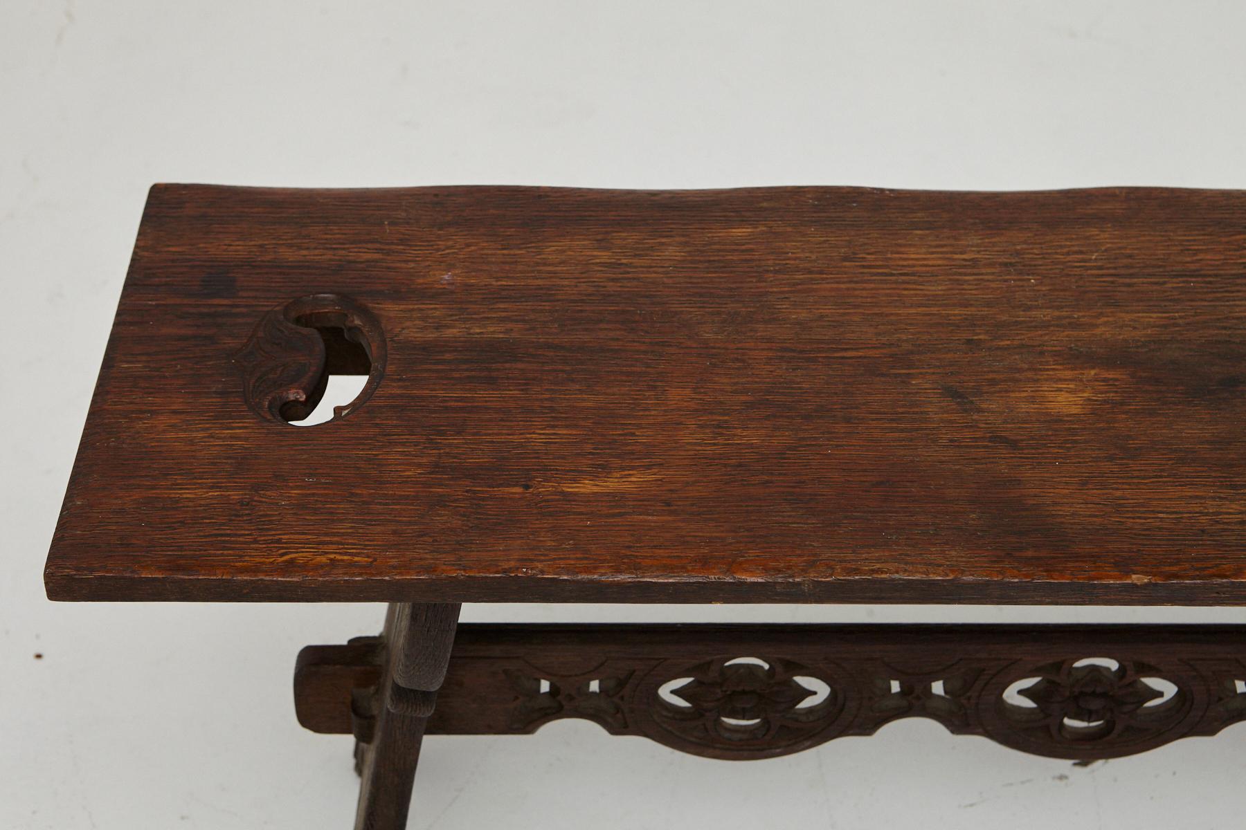 19th Century Austrian Hand Carved Rustic Trestle Oak Bench 3