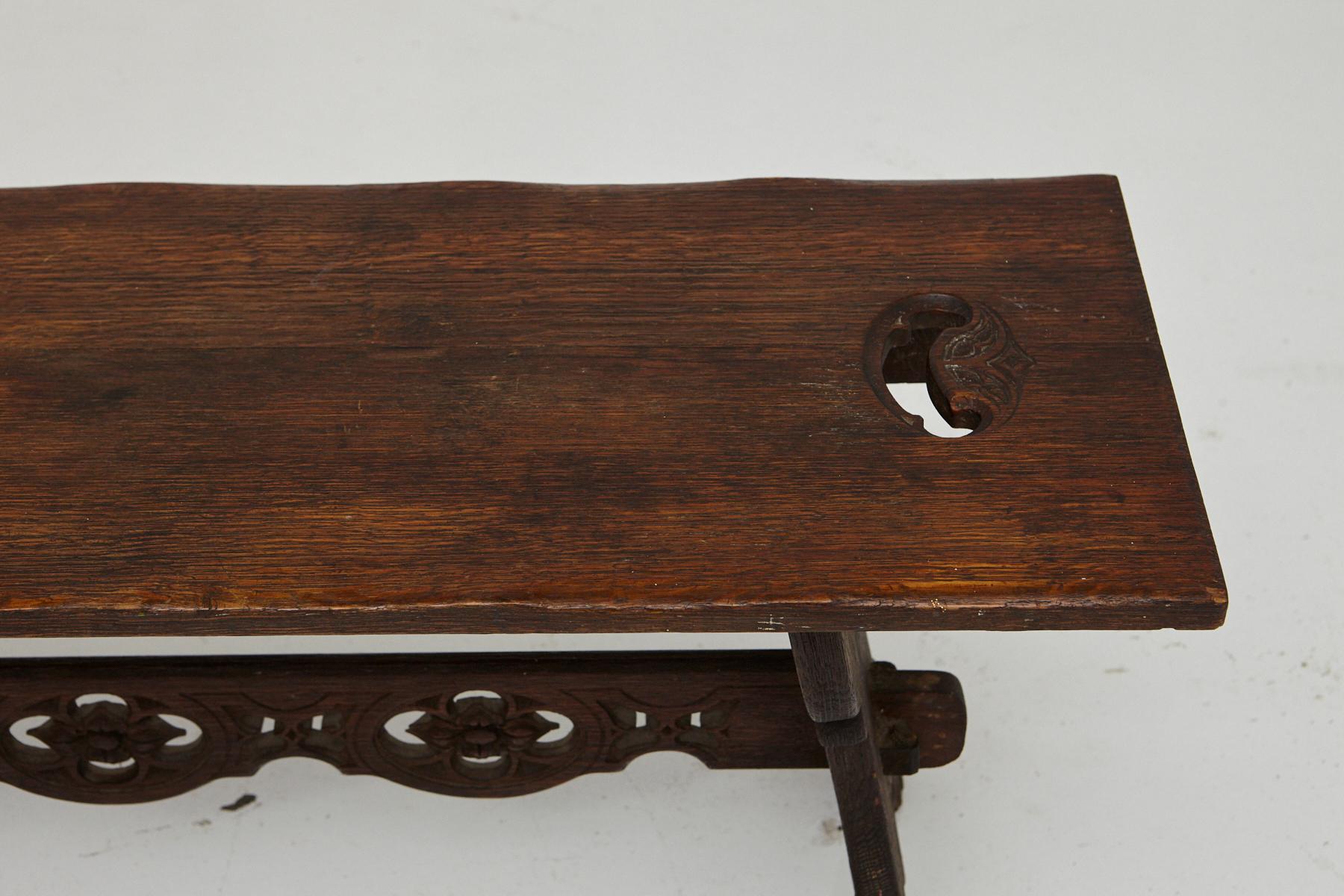 19th Century Austrian Hand Carved Rustic Trestle Oak Bench 4