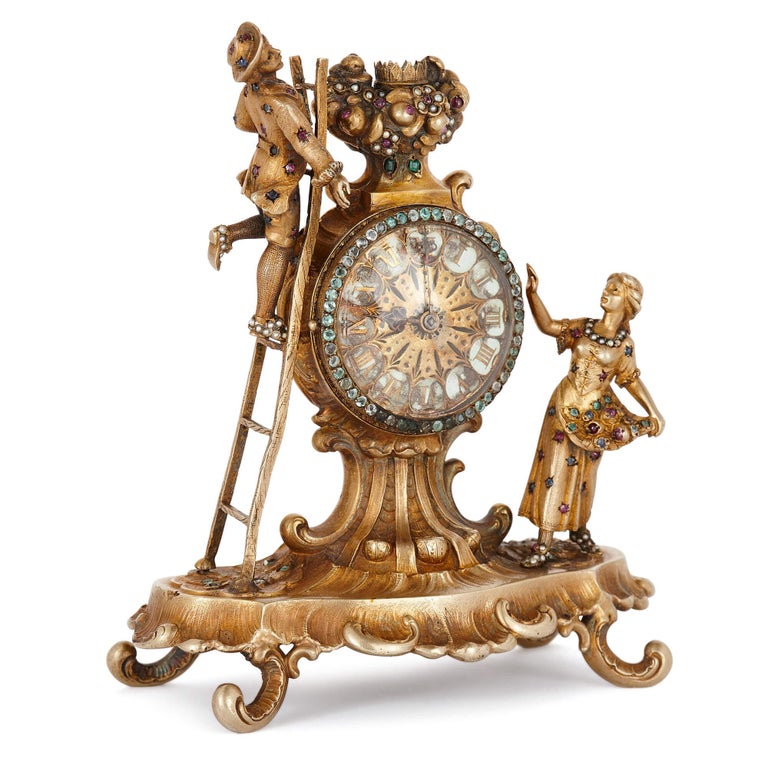 19th Century Austrian Jewel Encrusted Silver Gilt Clock For Sale at 1stDibs