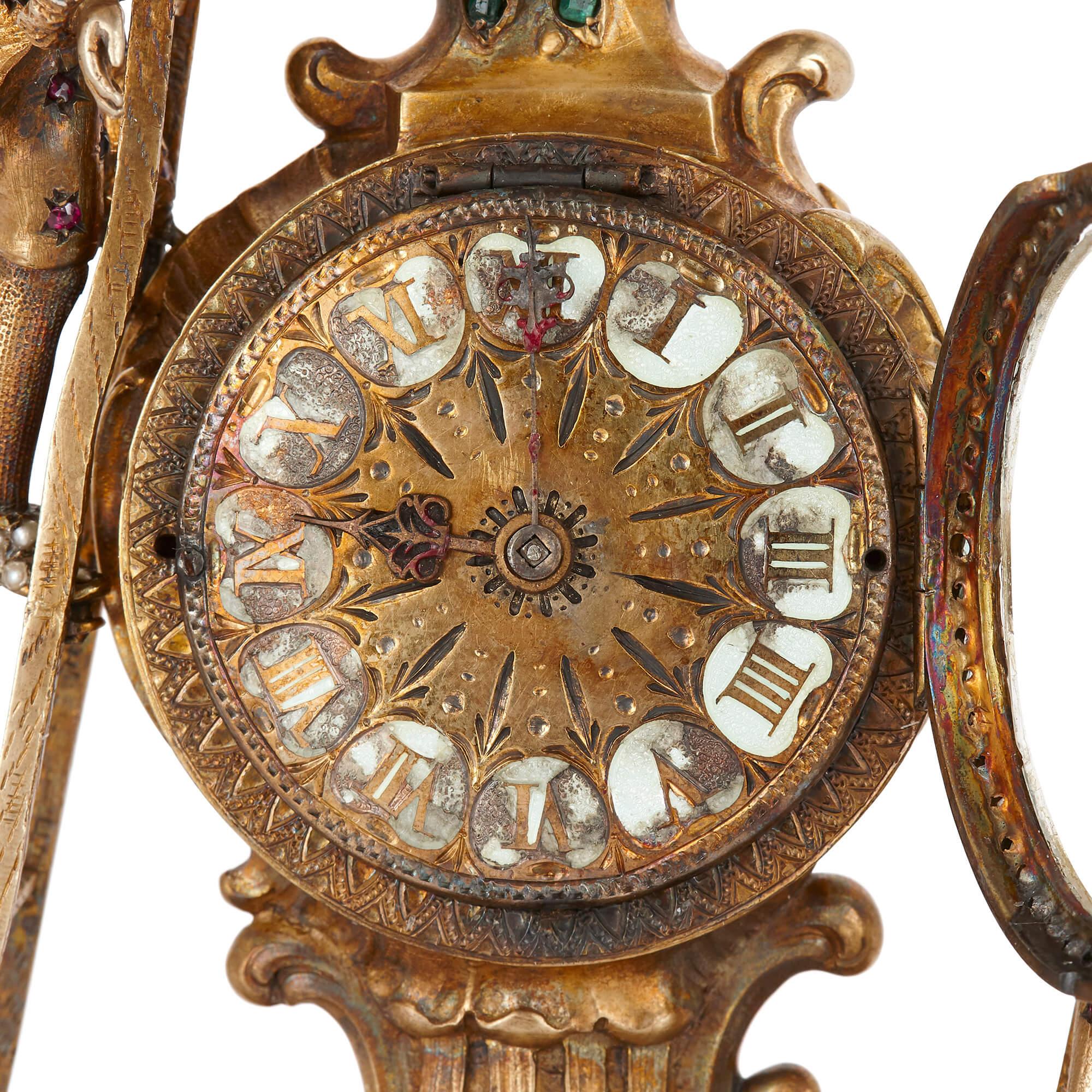 Rococo Horloge autrichienne du 19ème siècle en argent doré incrusté de bijoux en vente