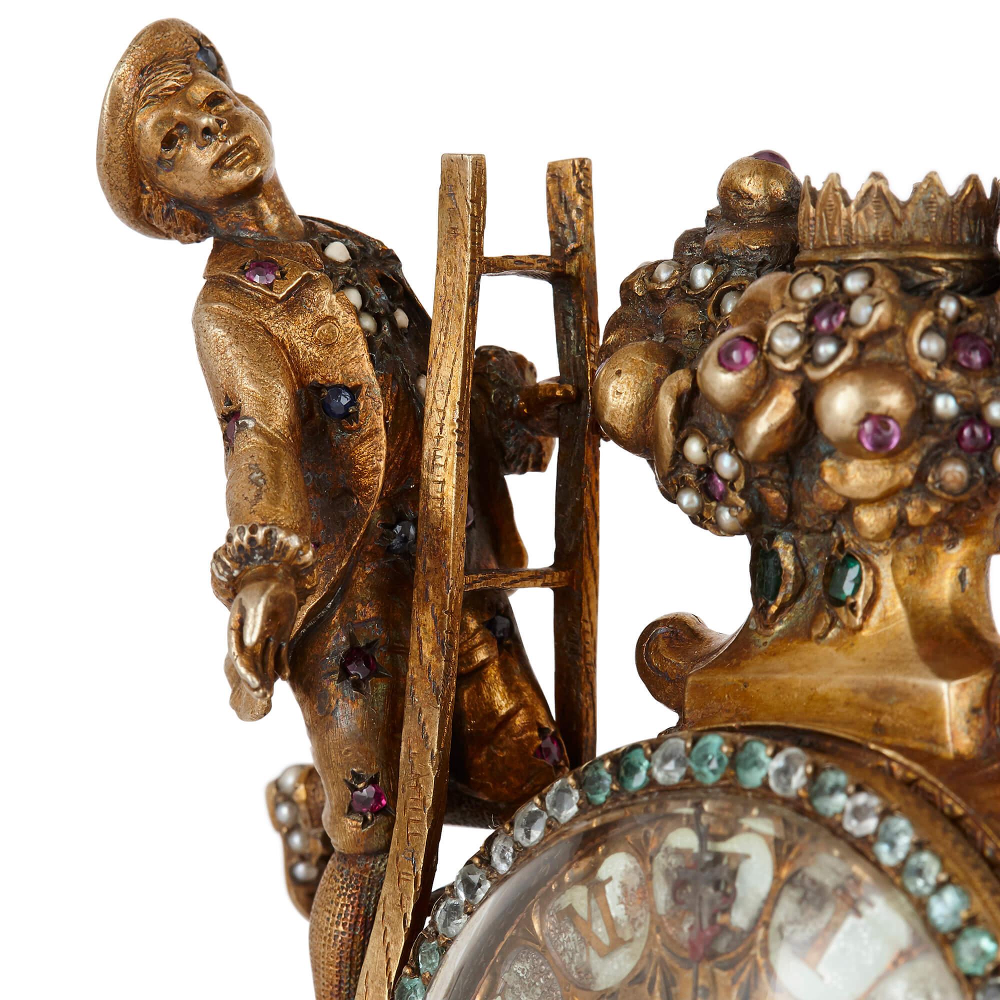 Rococo 19th Century Austrian Jewel Encrusted Silver Gilt Clock For Sale
