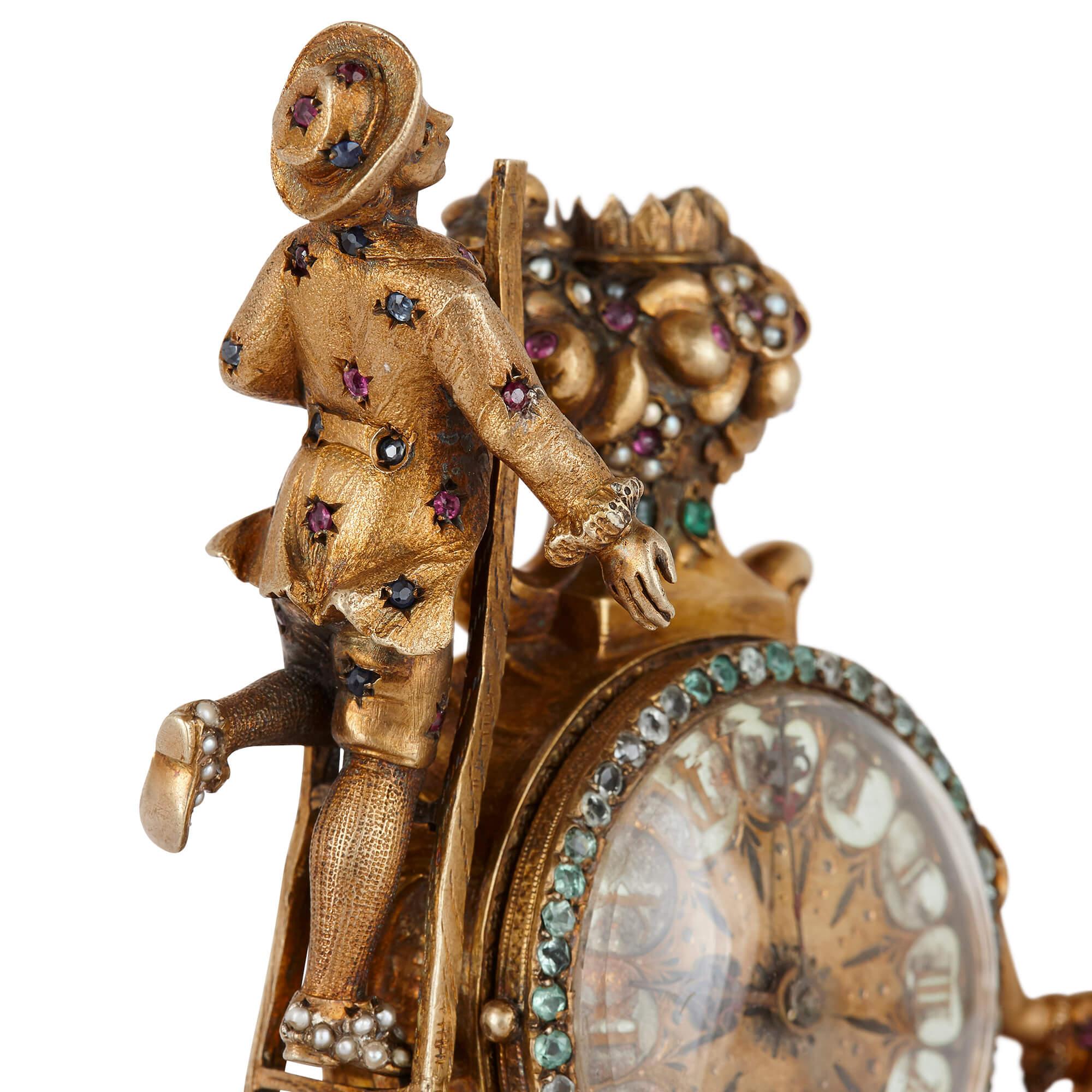 Horloge autrichienne du 19ème siècle en argent doré incrusté de bijoux Bon état - En vente à London, GB