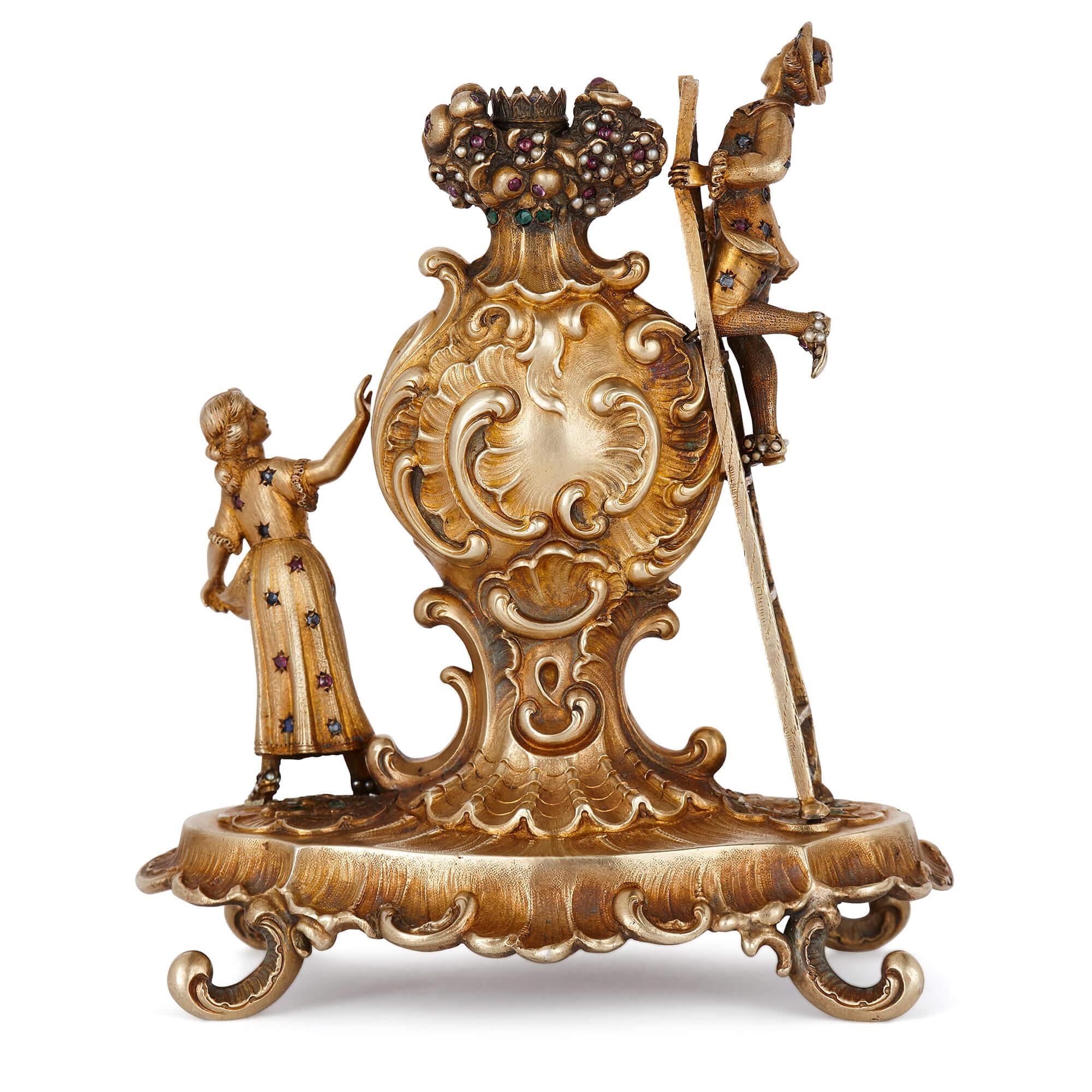 19th Century Austrian Jewel Encrusted Silver Gilt Clock For Sale 2