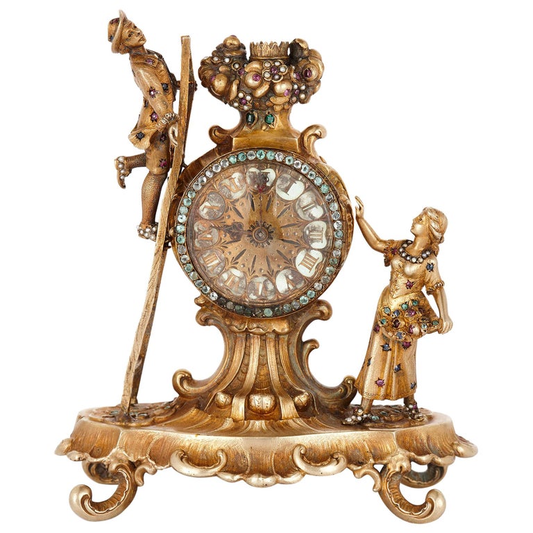19th Century Austrian Jewel Encrusted Silver Gilt Clock For Sale at 1stDibs