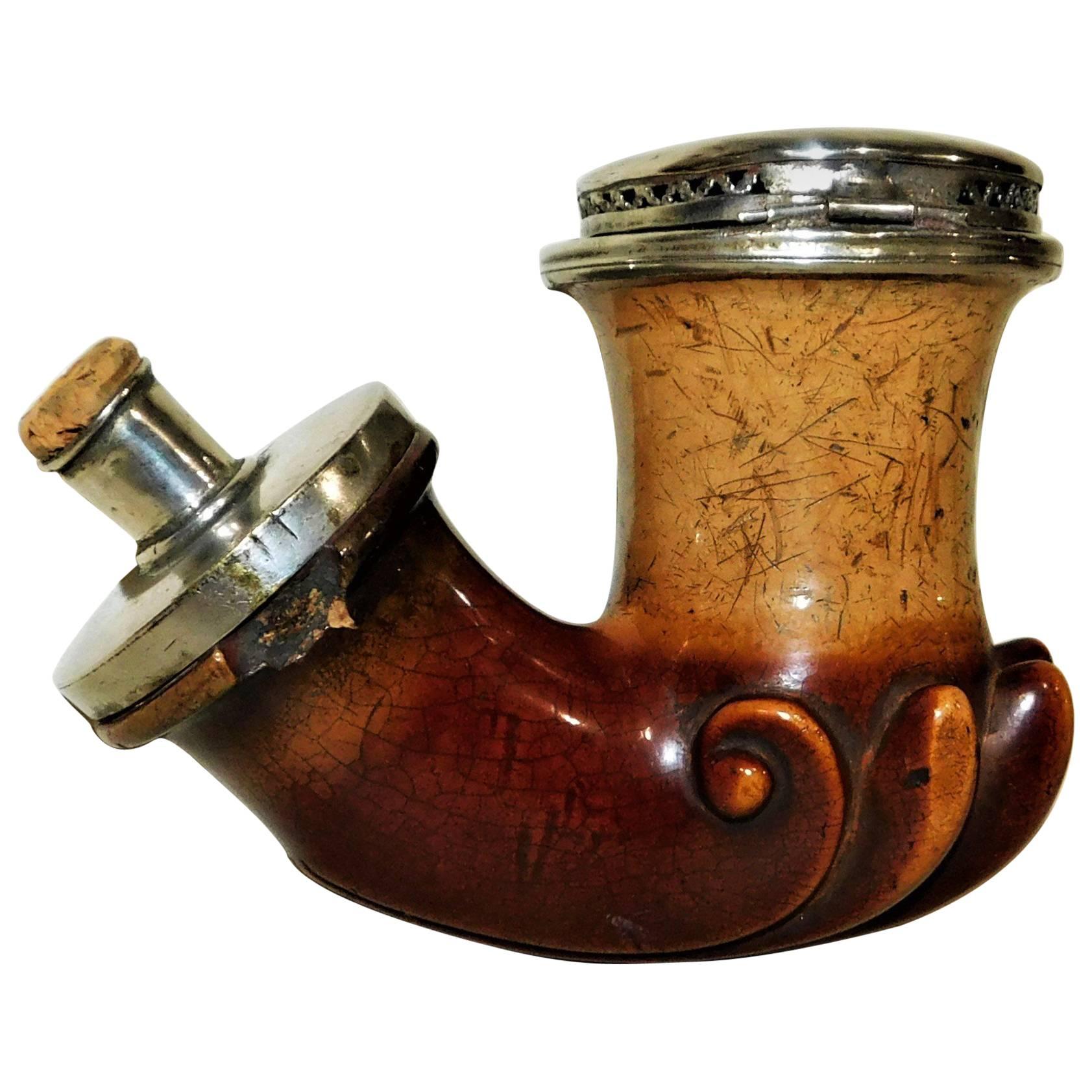 19th Century Austrian Meerschaum and Silver Carved Pipe