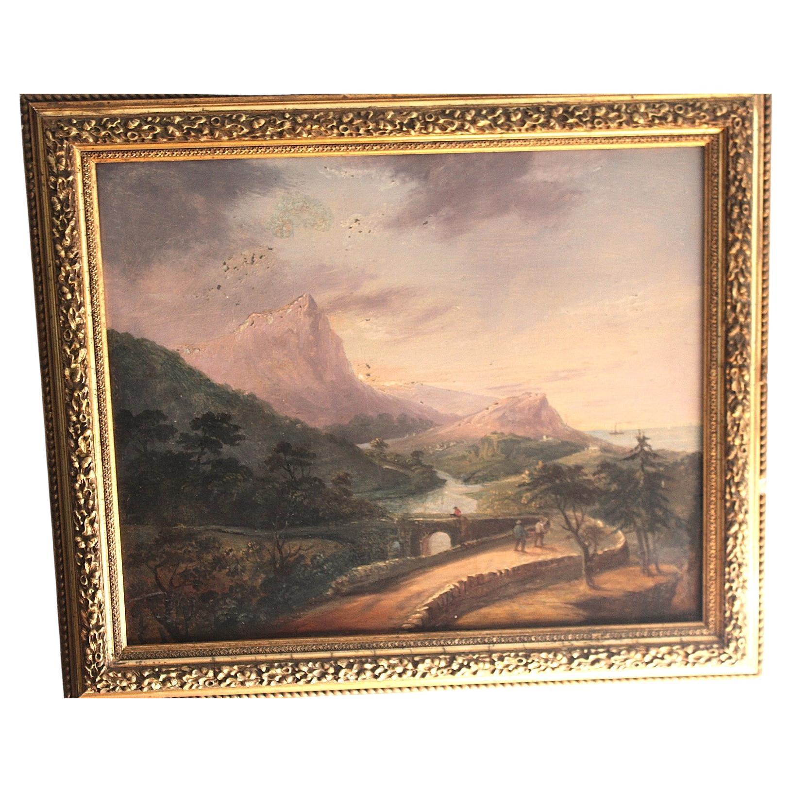 19. Jahrhundert Österreichische oder deutsche romantische Berglandschaft, Öl auf Zinn im Angebot