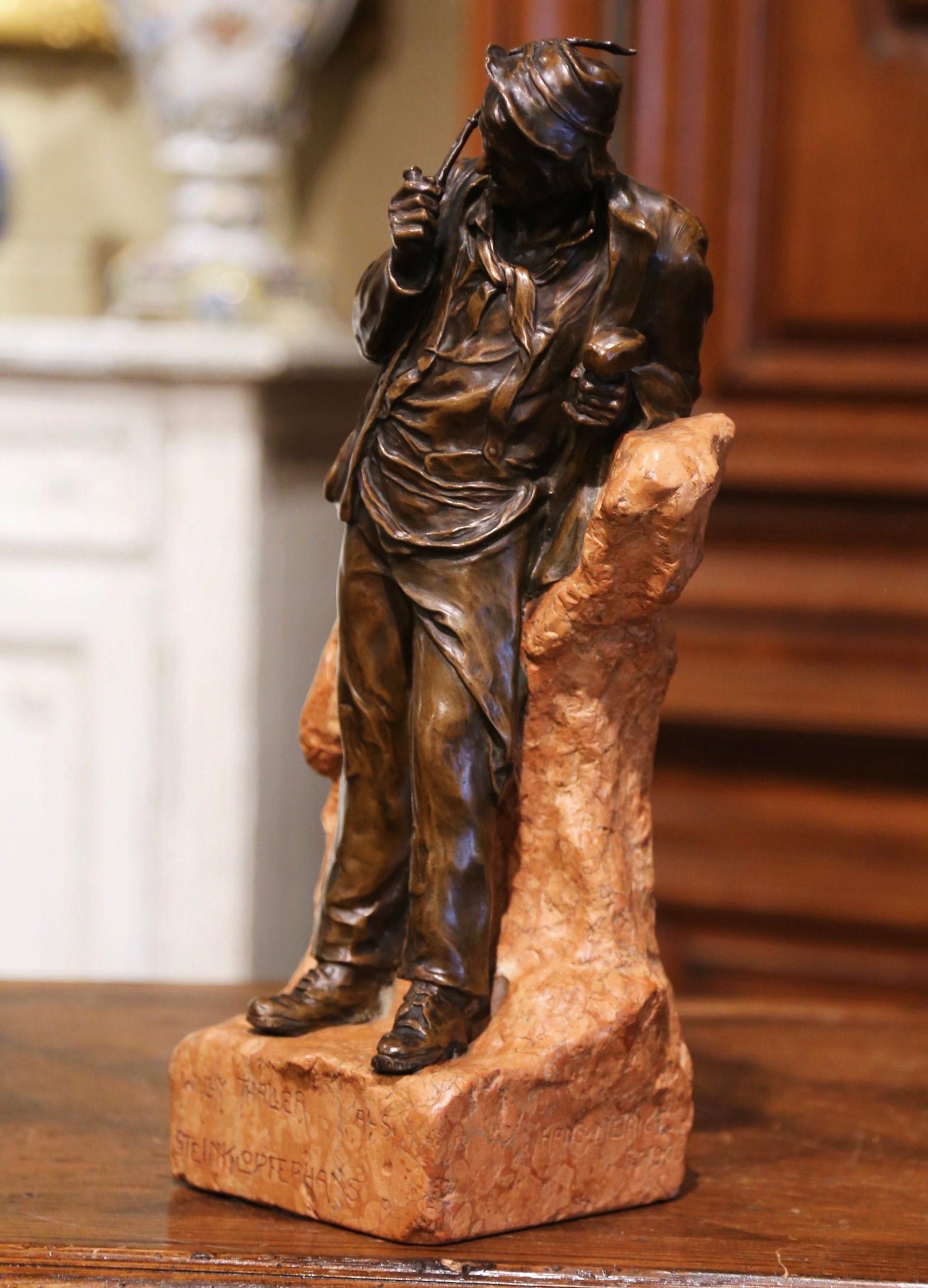 Decorate an office or a study with this elegant bronze statue. Crafted in Austria circa 1880, the figure depicts the actor and singer Willi Thaller standing and leaning on a marble base. The artwork, signed on the front shows incredible details and