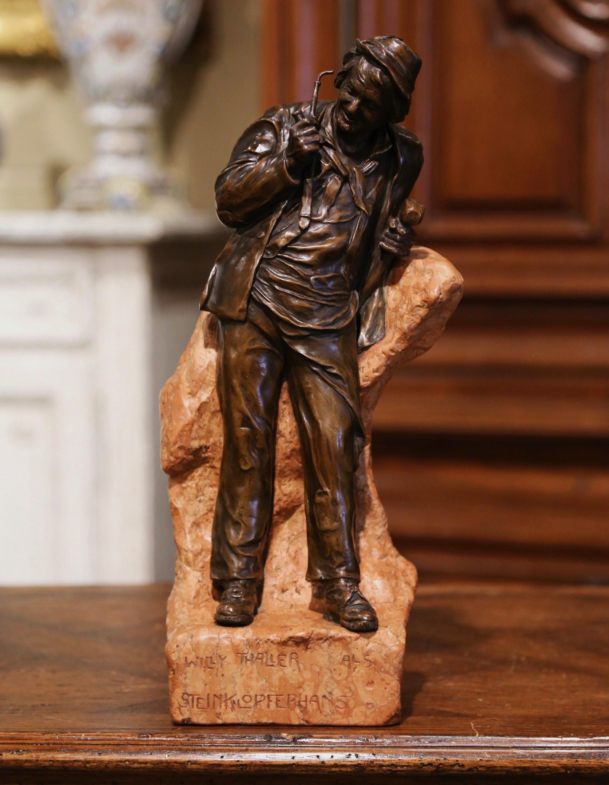 19th Century Austrian Patinated Bronze and Marble Signed Statue of Willy Thaller In Excellent Condition For Sale In Dallas, TX