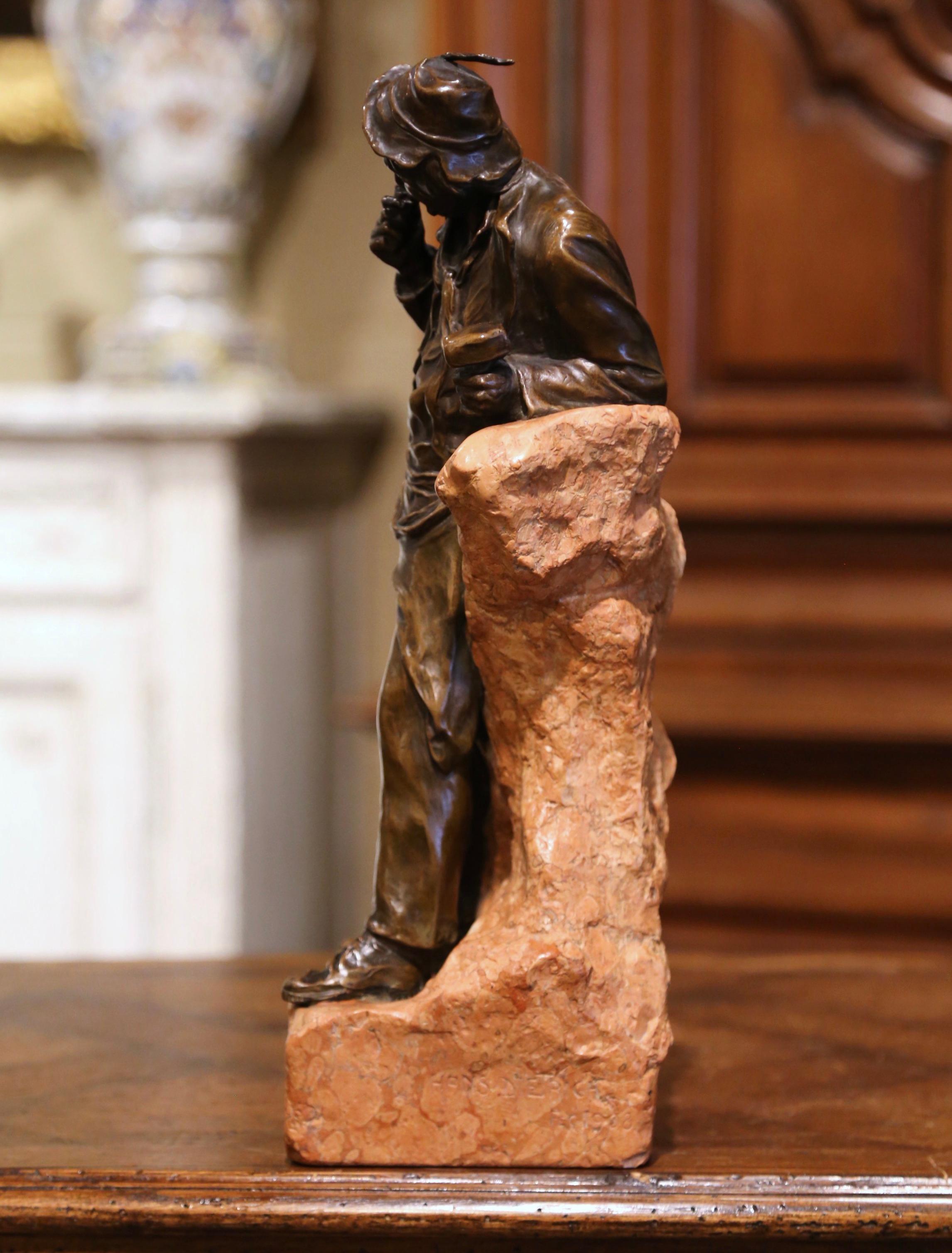 19th Century Austrian Patinated Bronze and Marble Signed Statue of Willy Thaller For Sale 1