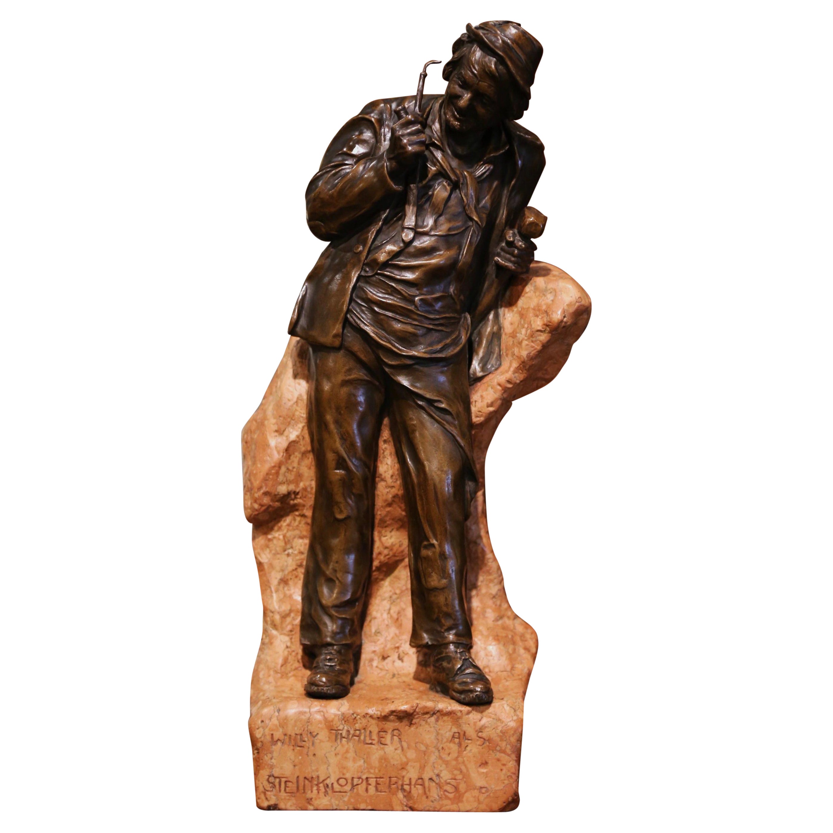 19th Century Austrian Patinated Bronze and Marble Signed Statue of Willy Thaller For Sale