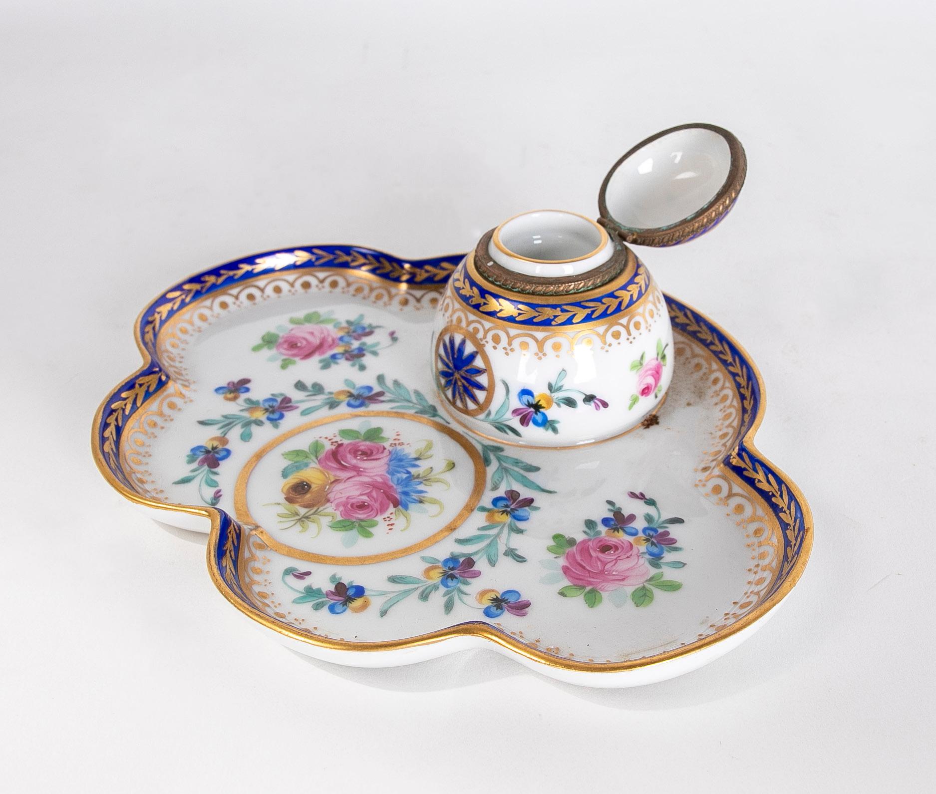 19th century Austrian Porcelain Inkwell with Tray with Stamp on the Side.