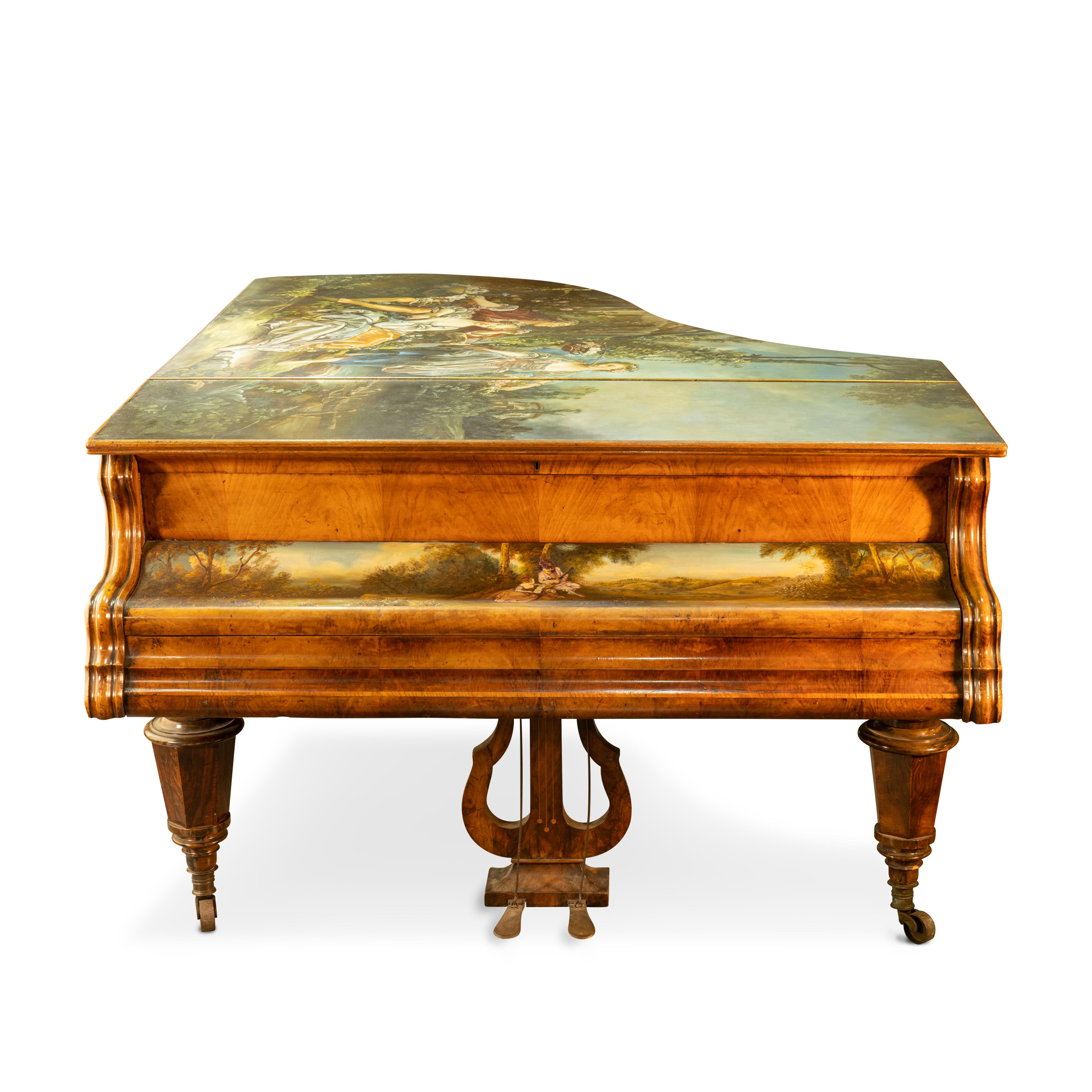 A magnificent antique Austrian baby Grand piano by Promberger & Son. The hinged serpentine top and the case sides later decorated overall with 18th century style paintings in the manner of Francois Boucher. with pierced music stand and lyre-form