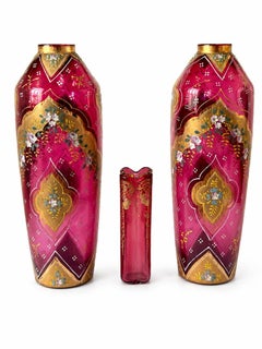 19th Century Austrian Ruby Glass Vases and Flower Holder