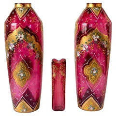 19th Century Austrian Ruby Glass Vases and Flower Holder
