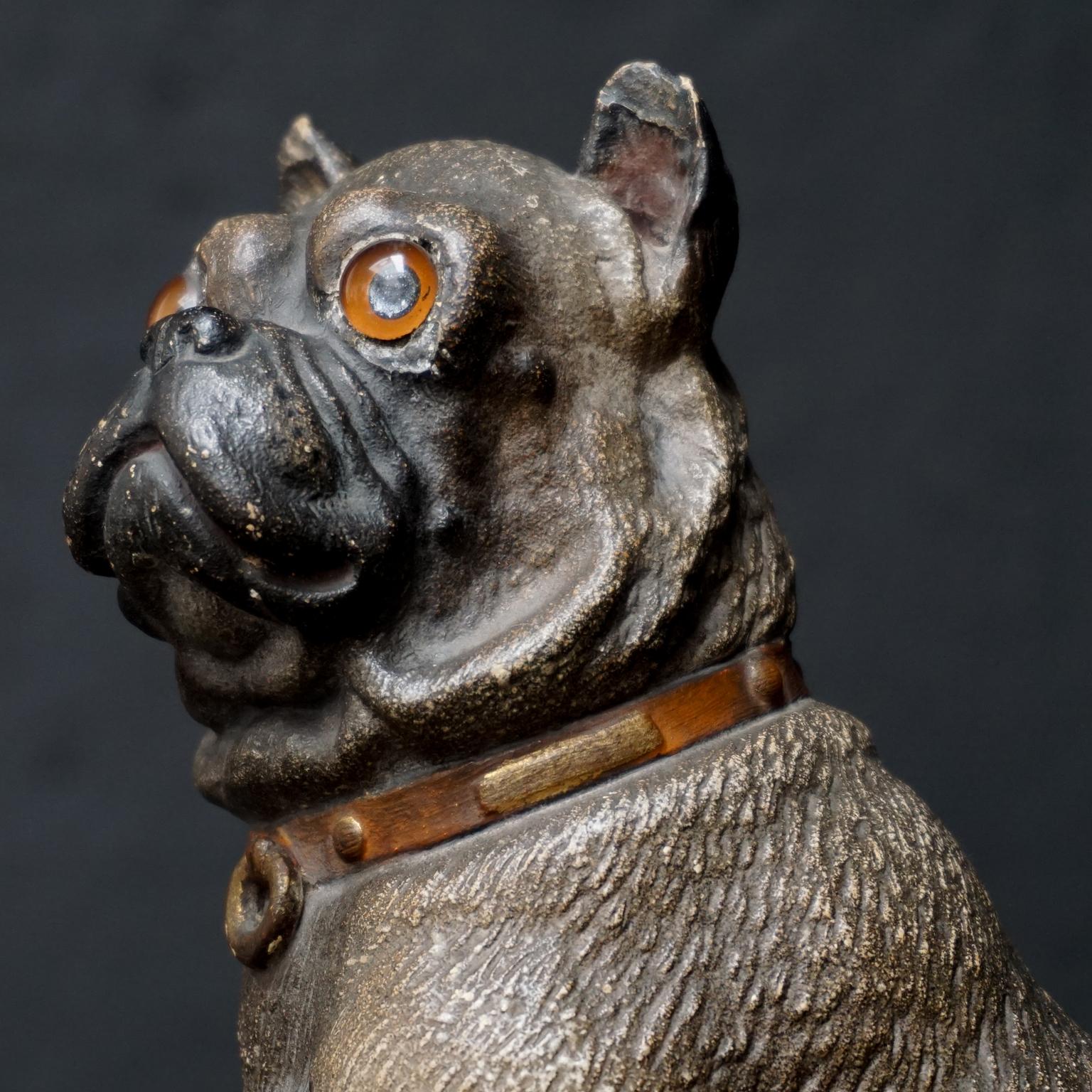 19th Century Austrian Seated Ceramic Pug Dog with Red Collar and Glass Eyes For Sale 1