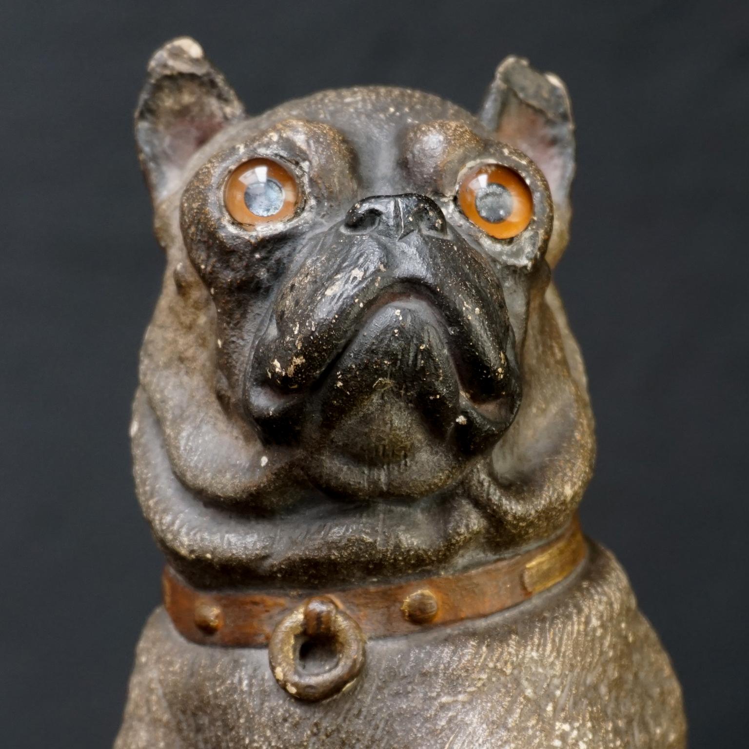 19th Century Austrian Seated Ceramic Pug Dog with Red Collar and Glass Eyes For Sale 2