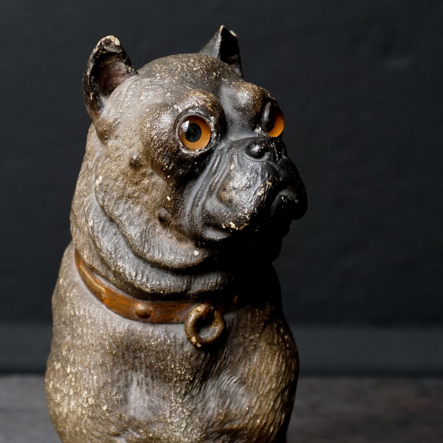 19th Century Austrian Seated Ceramic Pug Dog with Red Collar and Glass Eyes For Sale 3