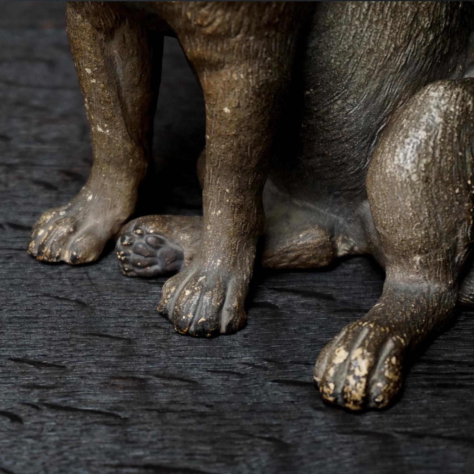 19th Century Austrian Seated Ceramic Pug Dog with Red Collar and Glass Eyes For Sale 5