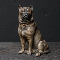 19th Century Austrian Seated Ceramic Pug Dog with Red Collar and Glass Eyes