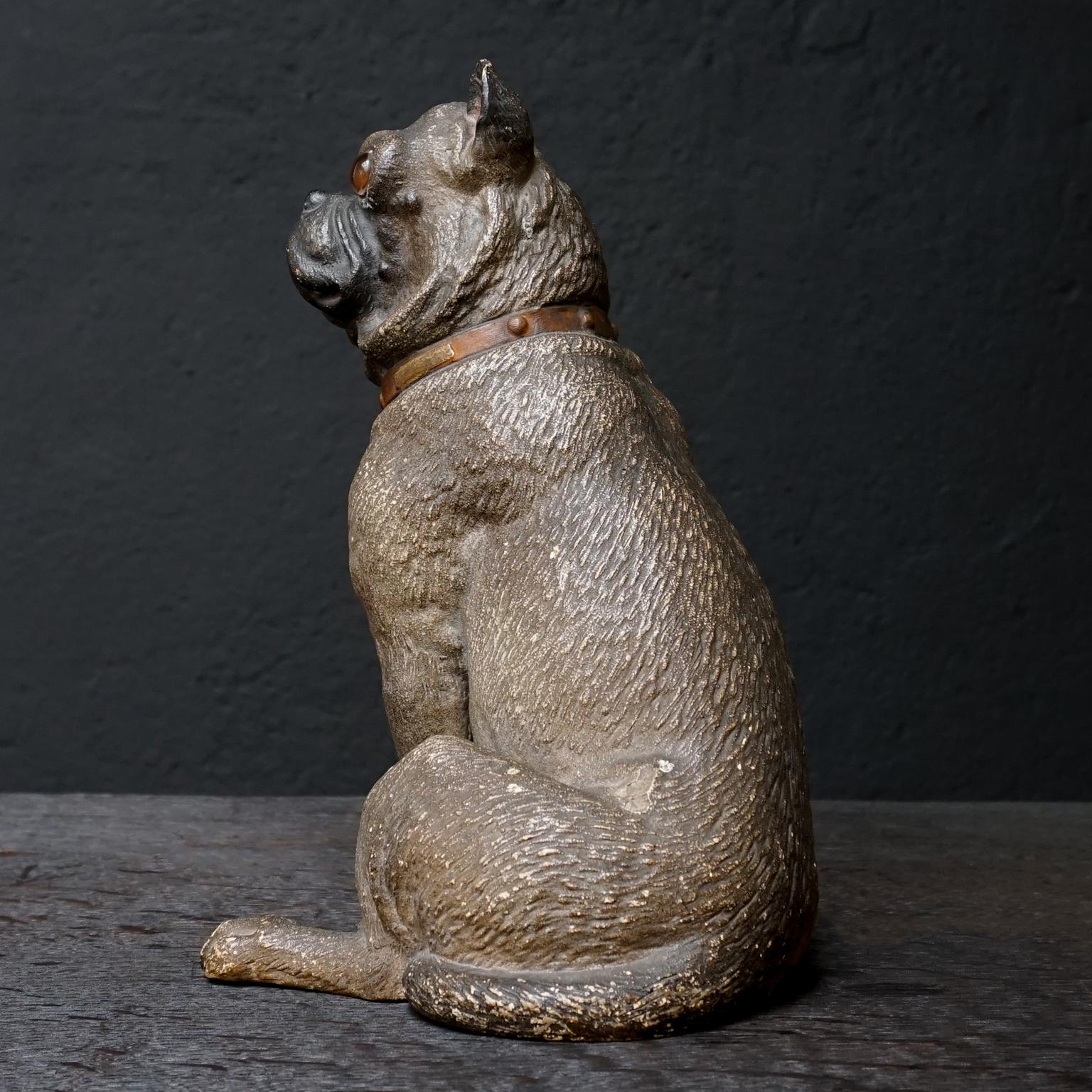 Victorian 19th Century Austrian Seated Ceramic Pug Dog with Red Collar and Glass Eyes For Sale