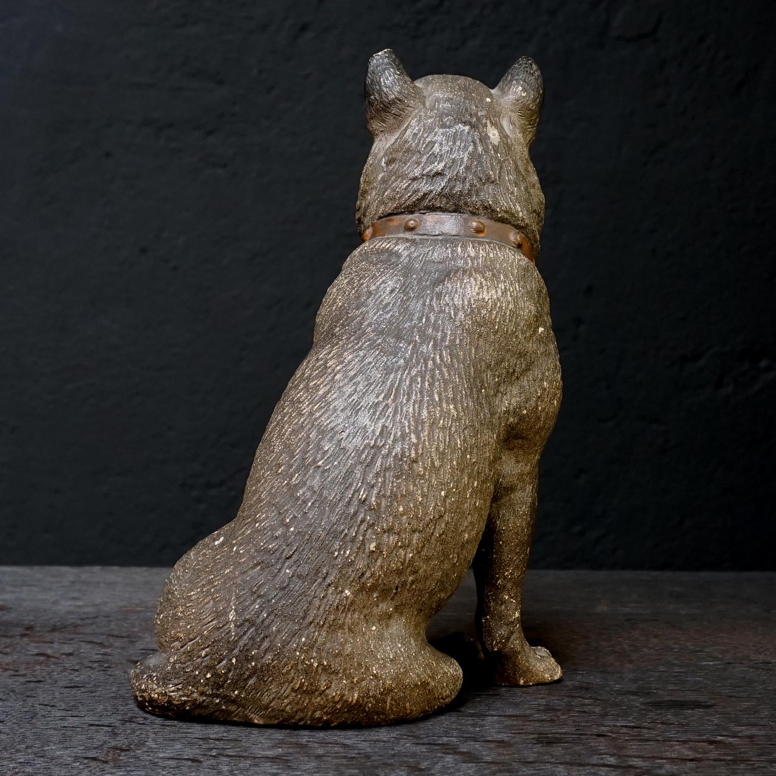 Cold-Painted 19th Century Austrian Seated Ceramic Pug Dog with Red Collar and Glass Eyes For Sale