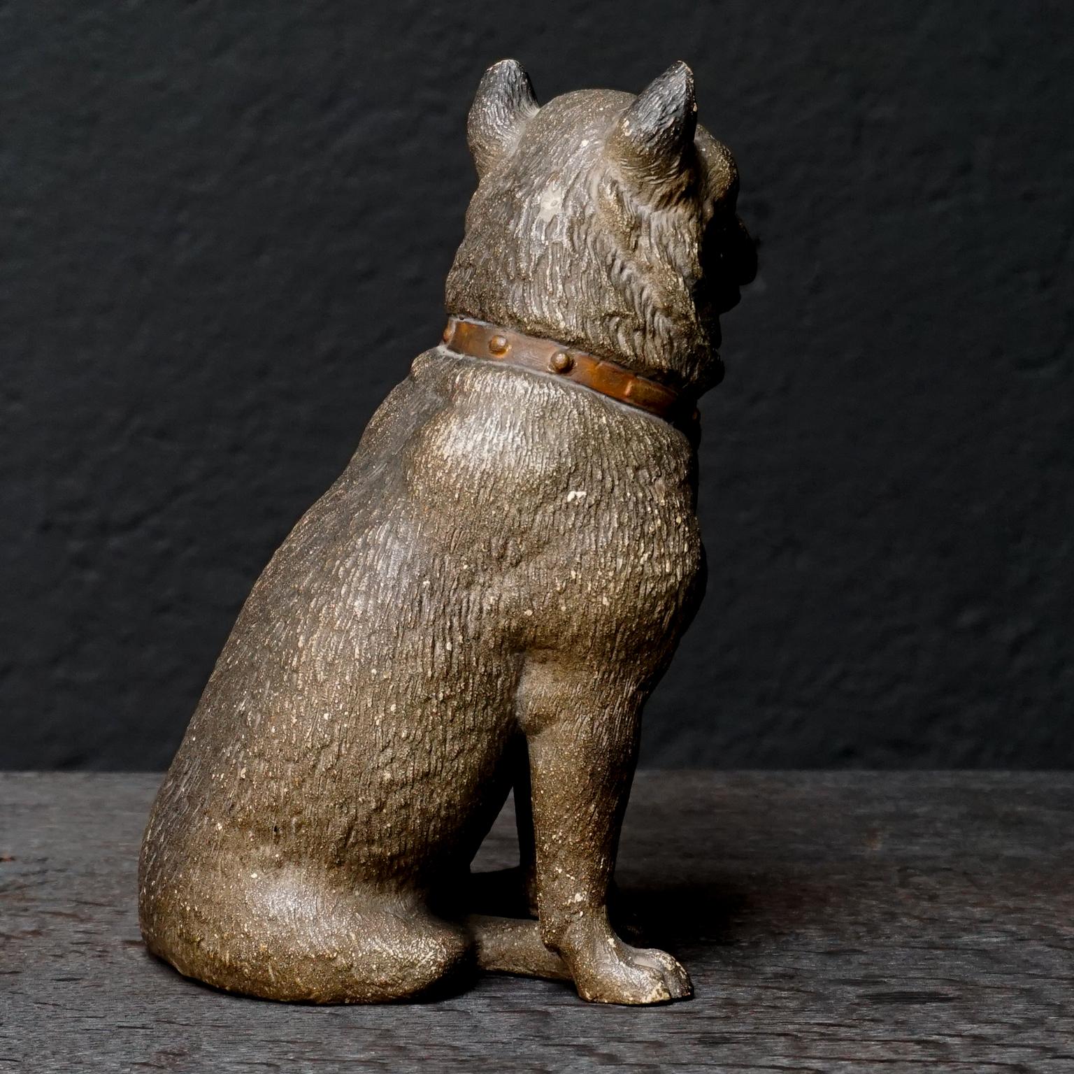 19th Century Austrian Seated Ceramic Pug Dog with Red Collar and Glass Eyes In Good Condition For Sale In Haarlem, NL